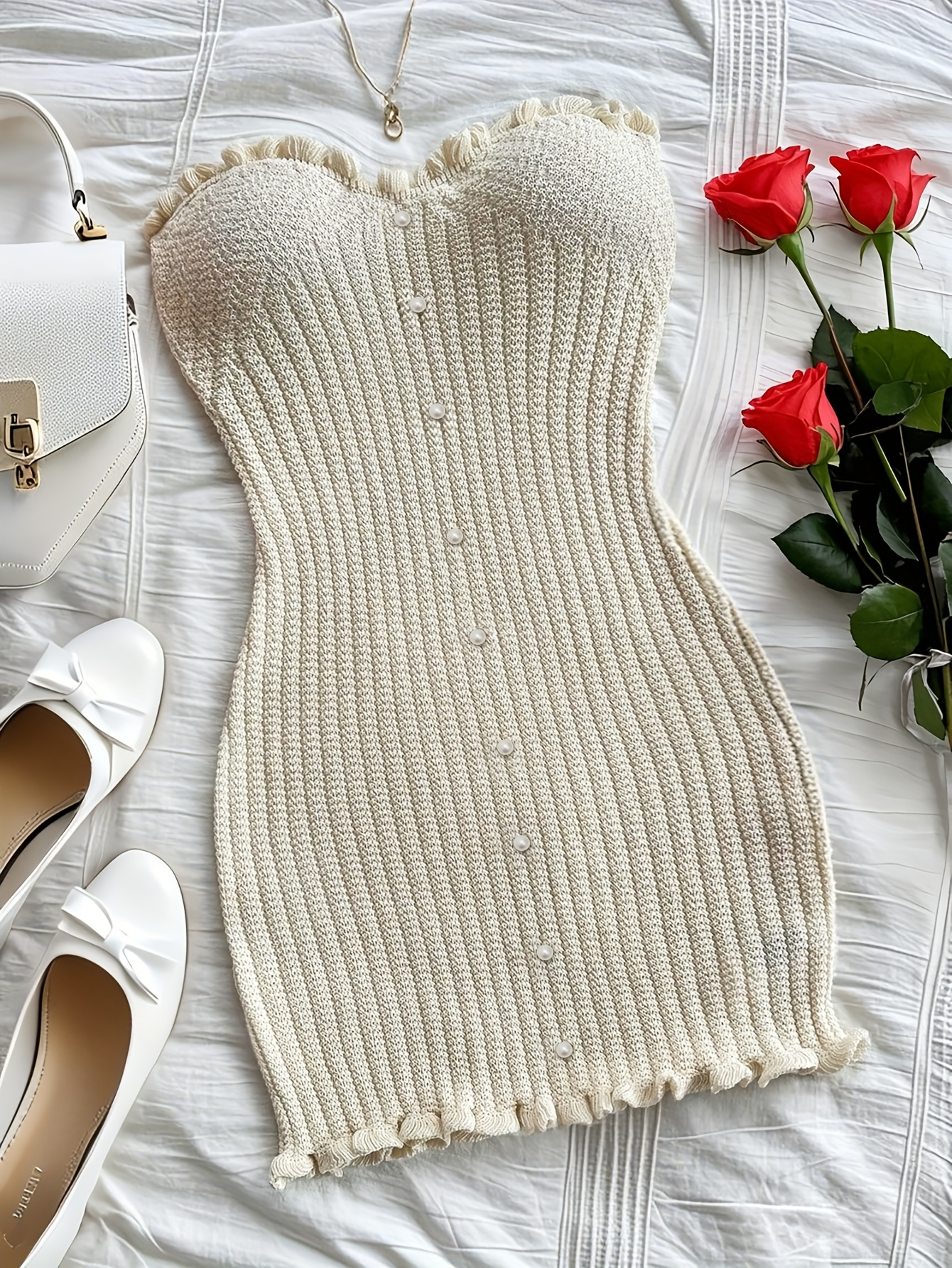 Pearl Trim Strapless Knit Bodycon Dress – Ivory Charm