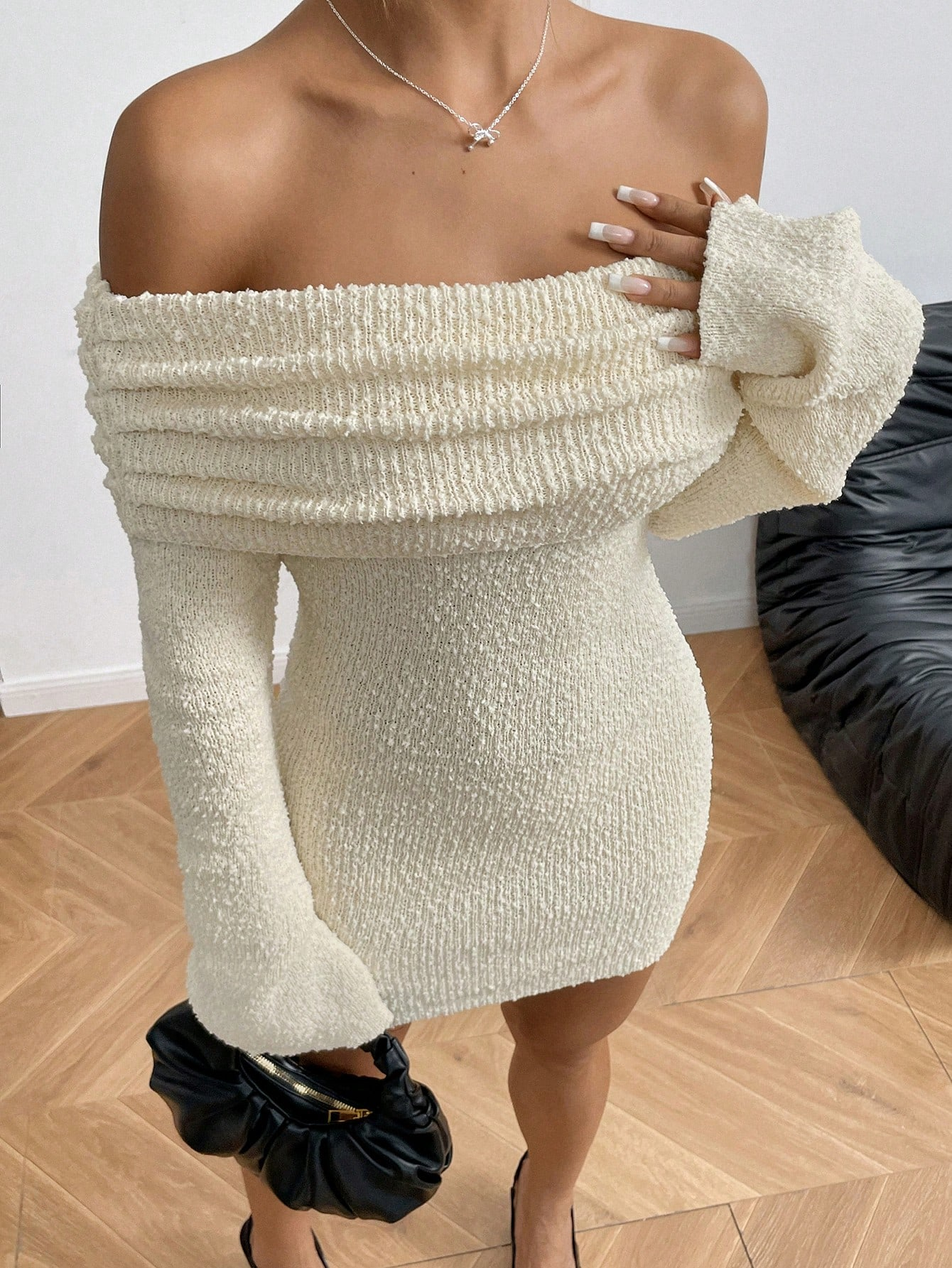 Ivory Off-Shoulder Fuzzy Knit Dress
