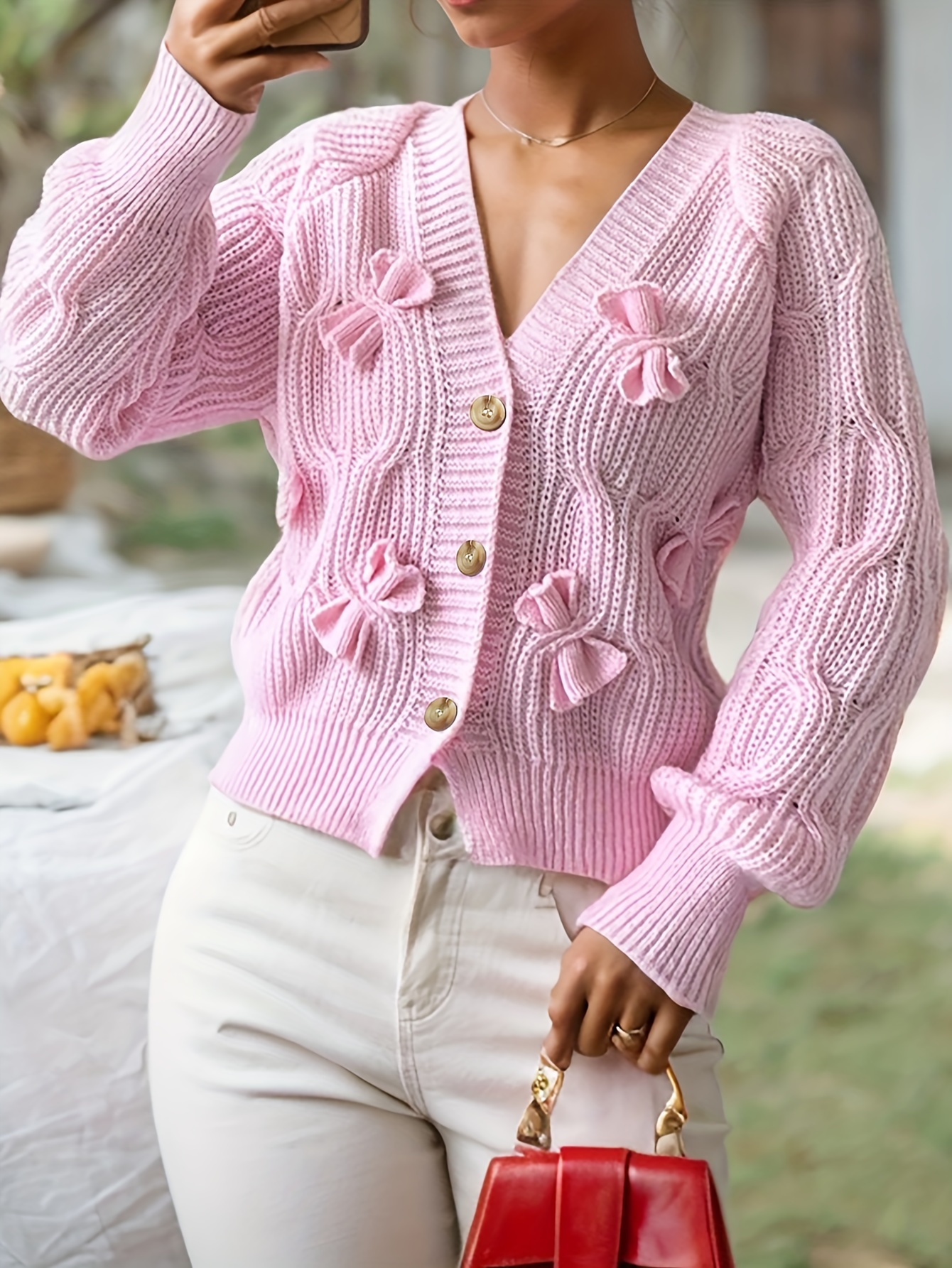 Pink Knit Cardigan with 3D Bow Details – Soft Girly Button-Up Sweater