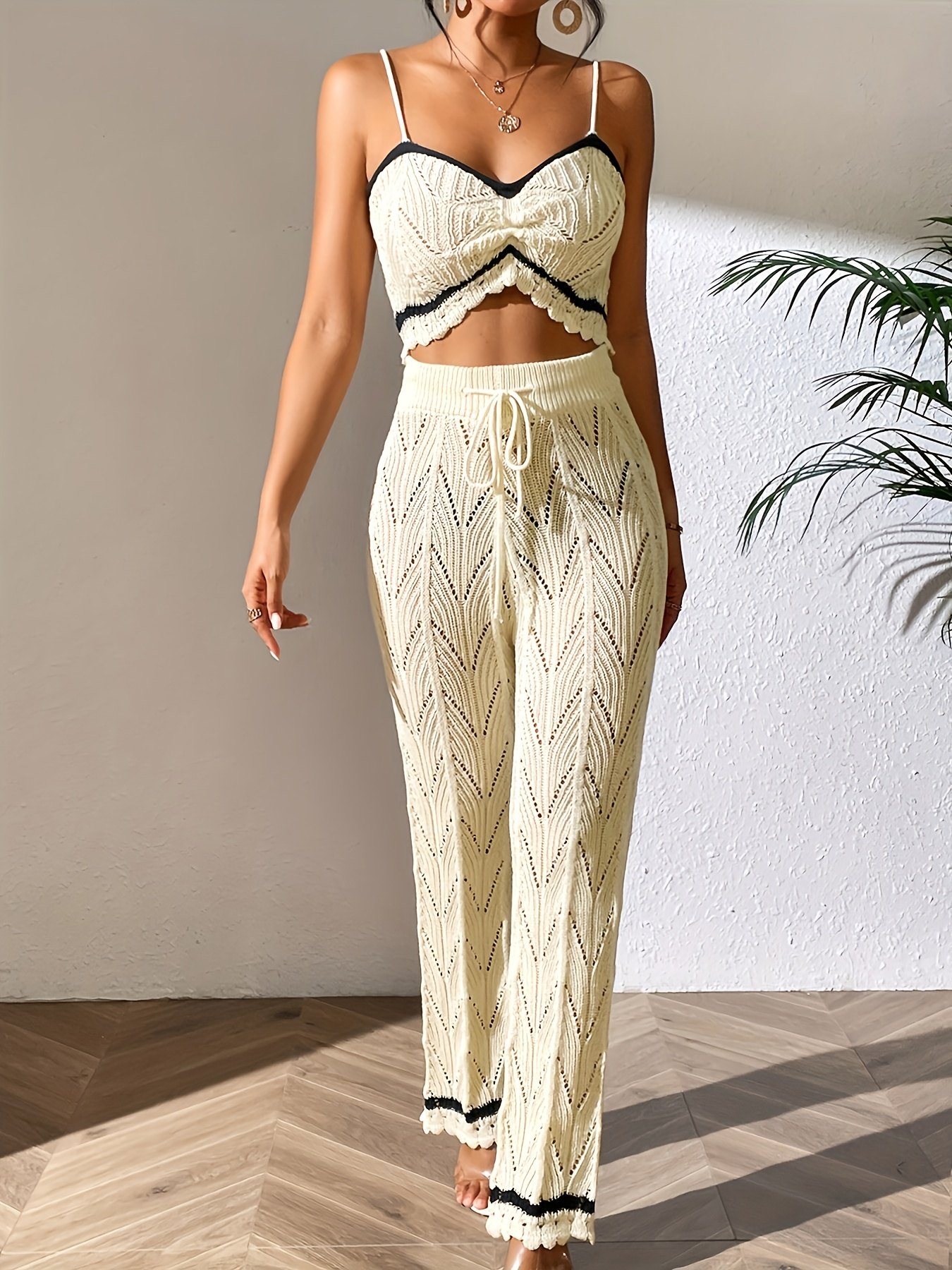 2-Piece Cream Crochet Loungewear Set – Bralette & Drawstring Pants with Black Trim