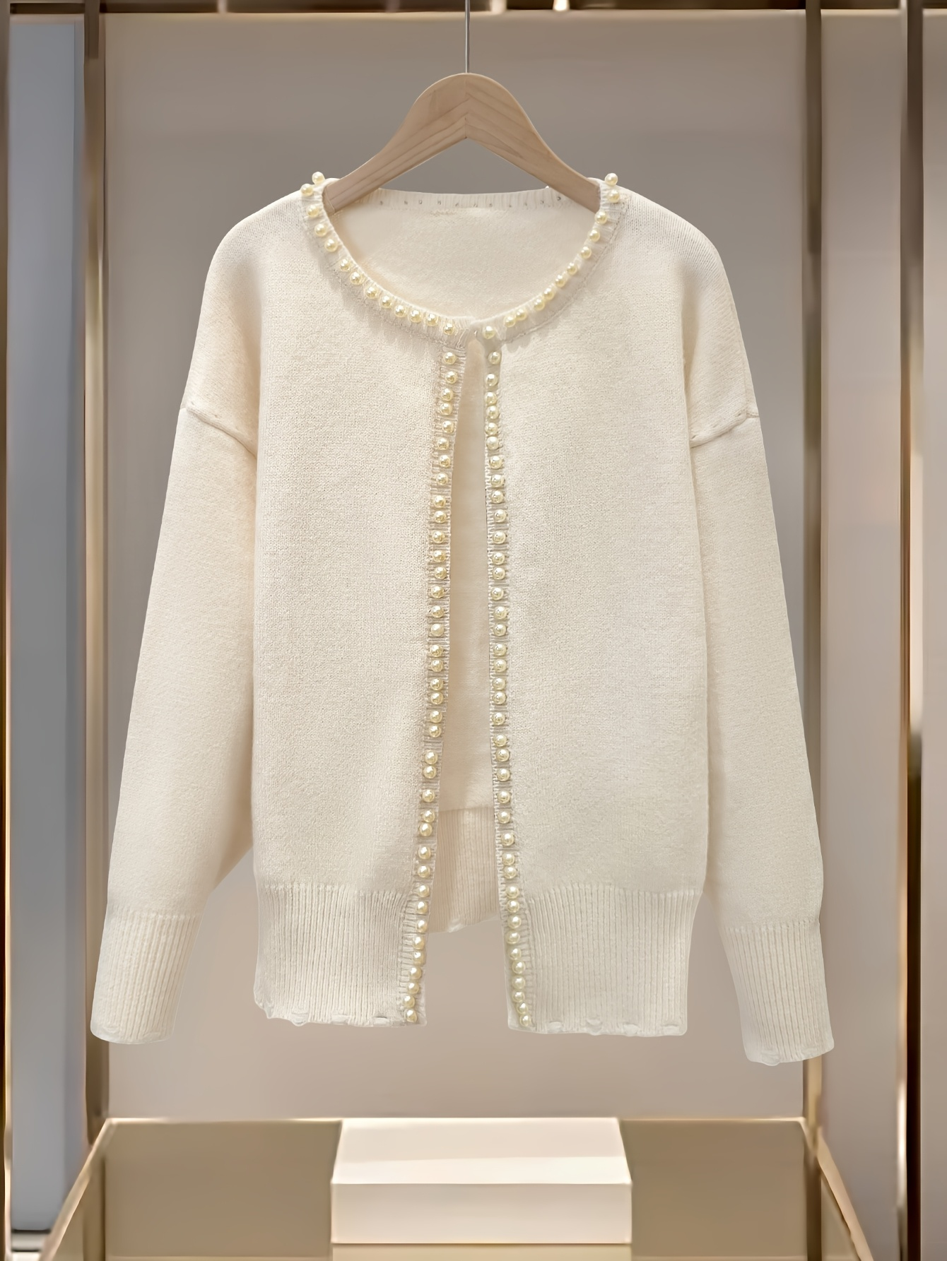Ivory Pearl Trim Cardigan – Elegant Knit Sweater Jacket
