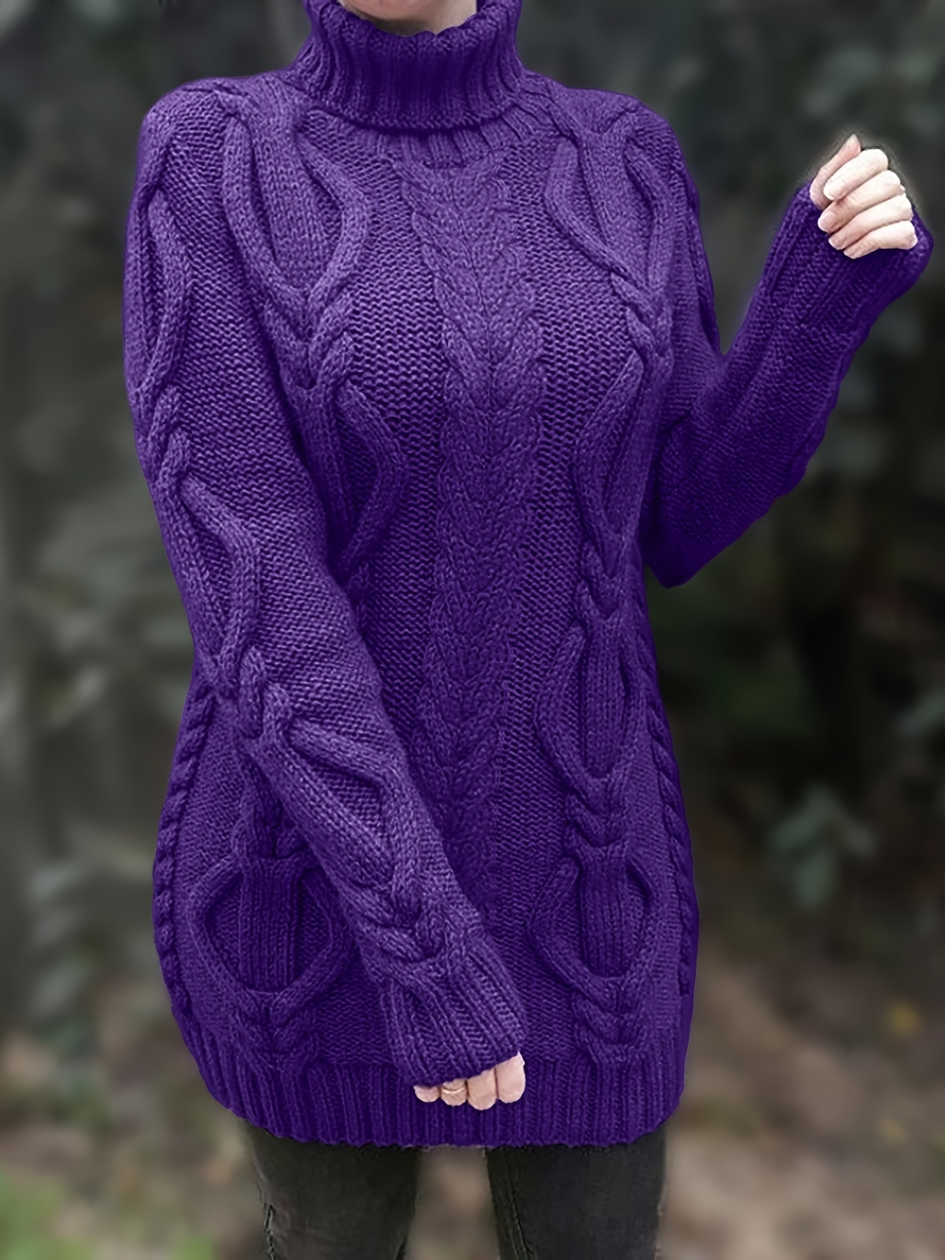 Plum Cozy Cable-Knit Turtleneck Sweater Dress