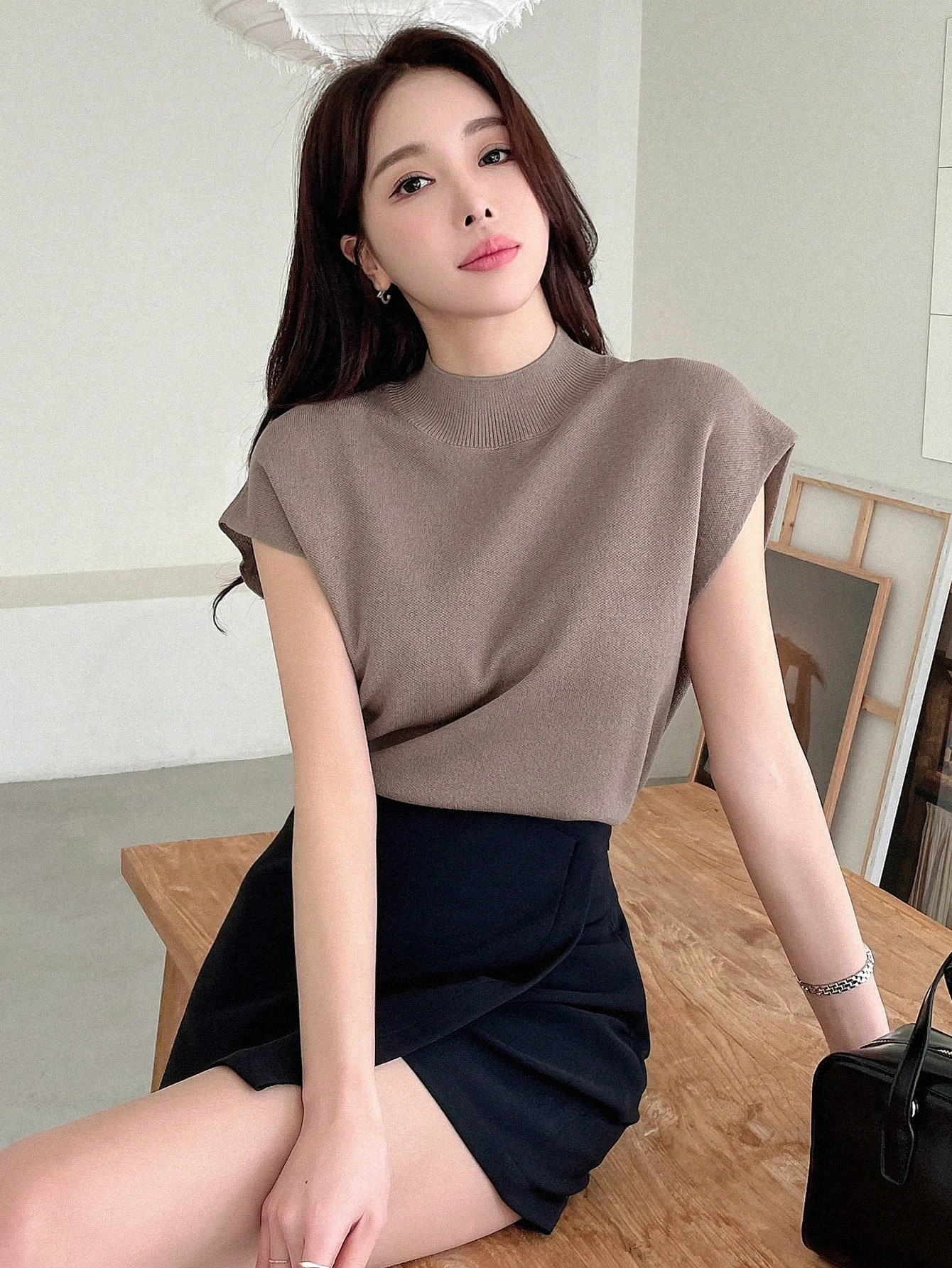 Mocha Mock Neck Knit Tee