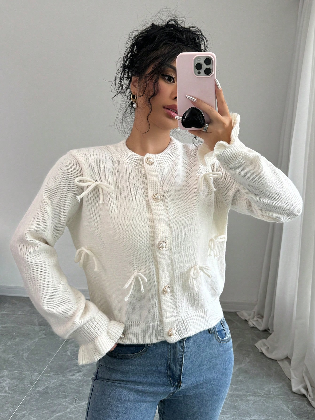 Cream Tie-Detail Knit Cardigan