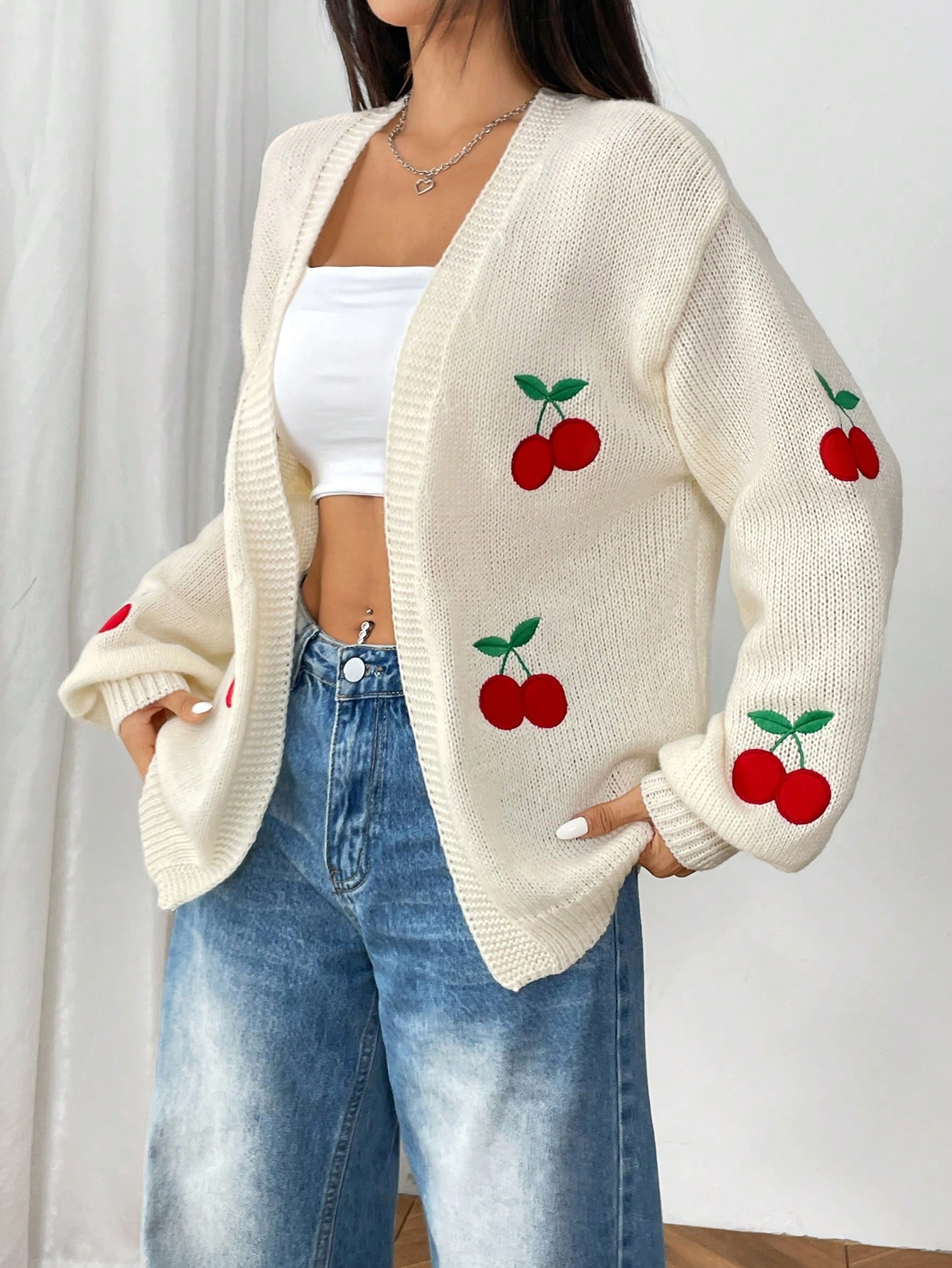 Cream Knit Cherry Embroidered Cardigan – Oversized Fruit Print Sweater