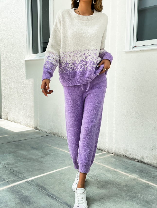 Lavender Fuzzy Knit Loungewear Set – Cozy Gradient Pullover