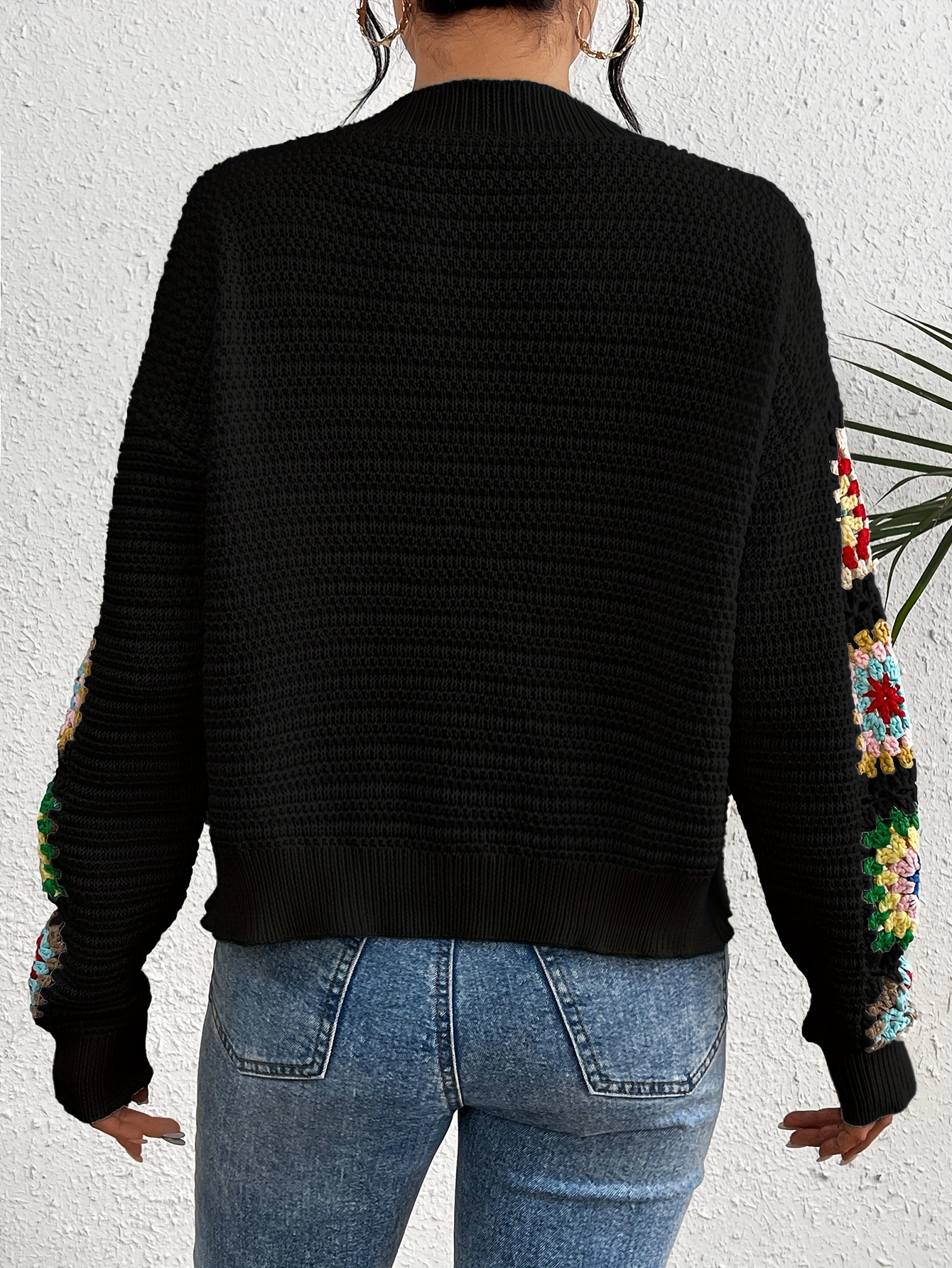 Black Crochet Patchwork Sleeve Cardigan – Retro Boho Knitwear