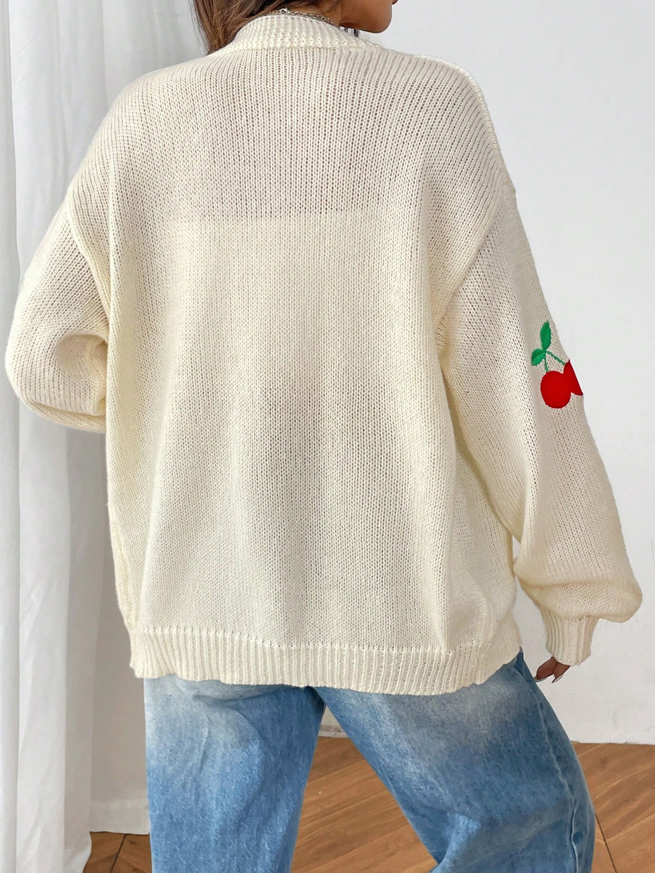 Cream Knit Cherry Embroidered Cardigan – Oversized Fruit Print Sweater