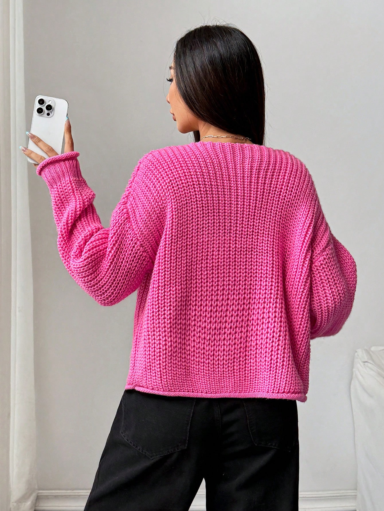 Chunky Knit Hot Pink Cardigan with Statement Gold Buttons