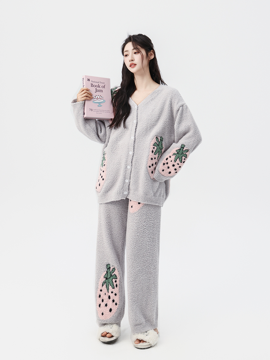 Cute Strawberry Fuzzy Knit Pajama Set – Cozy Cardigan & Pants Loungewear