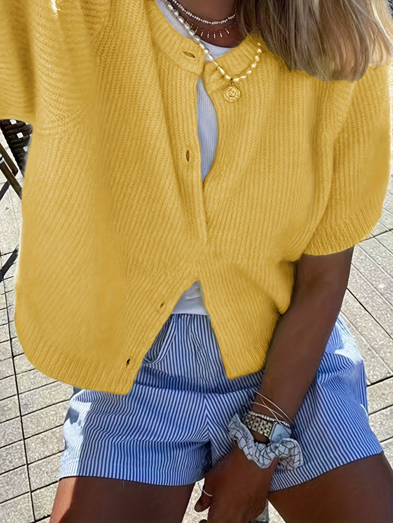 Short-Sleeve Yellow Knit Cardigan – Lightweight Button-Up Sweater