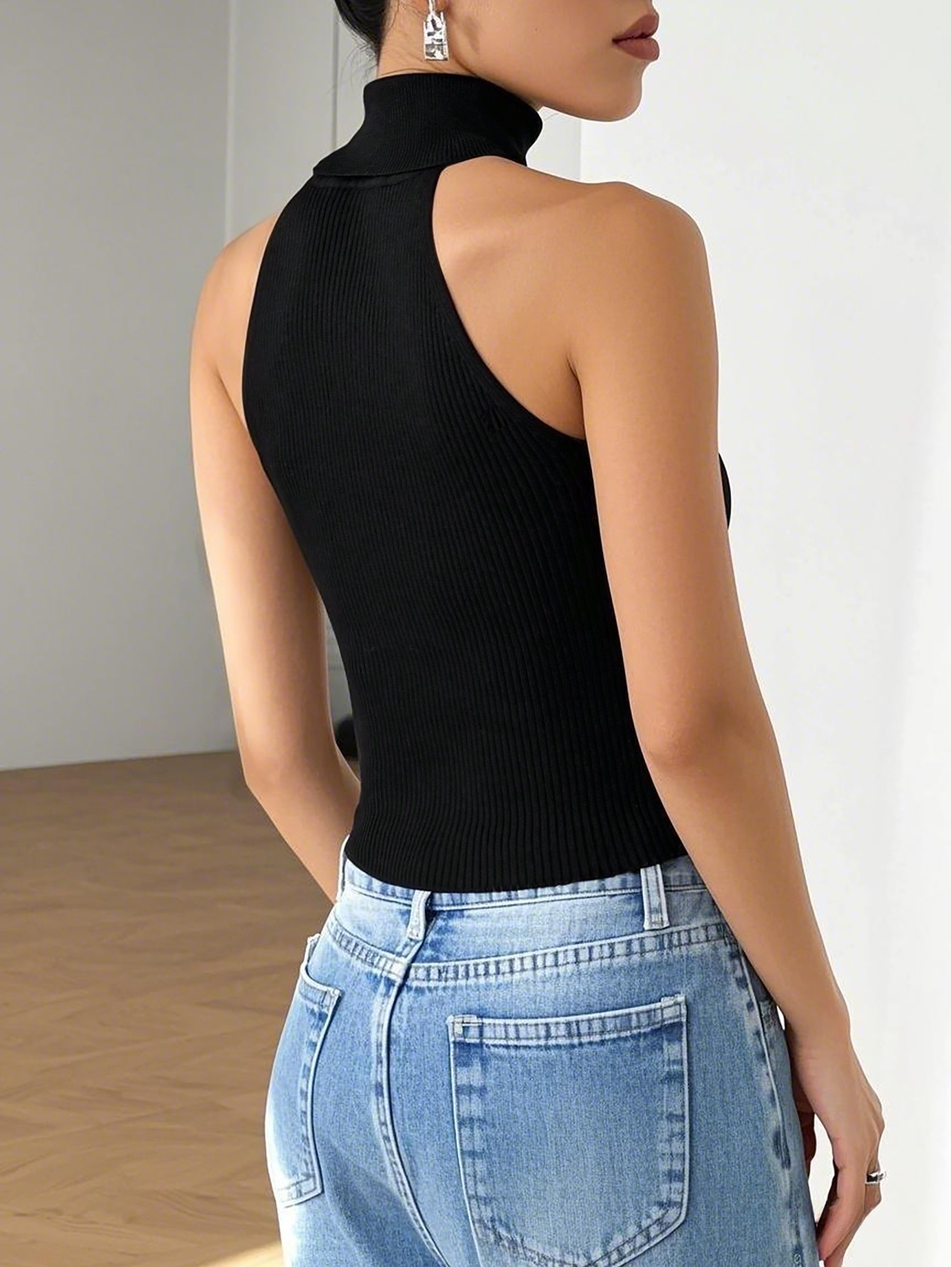 Sculpted Black Ribbed Halter Top