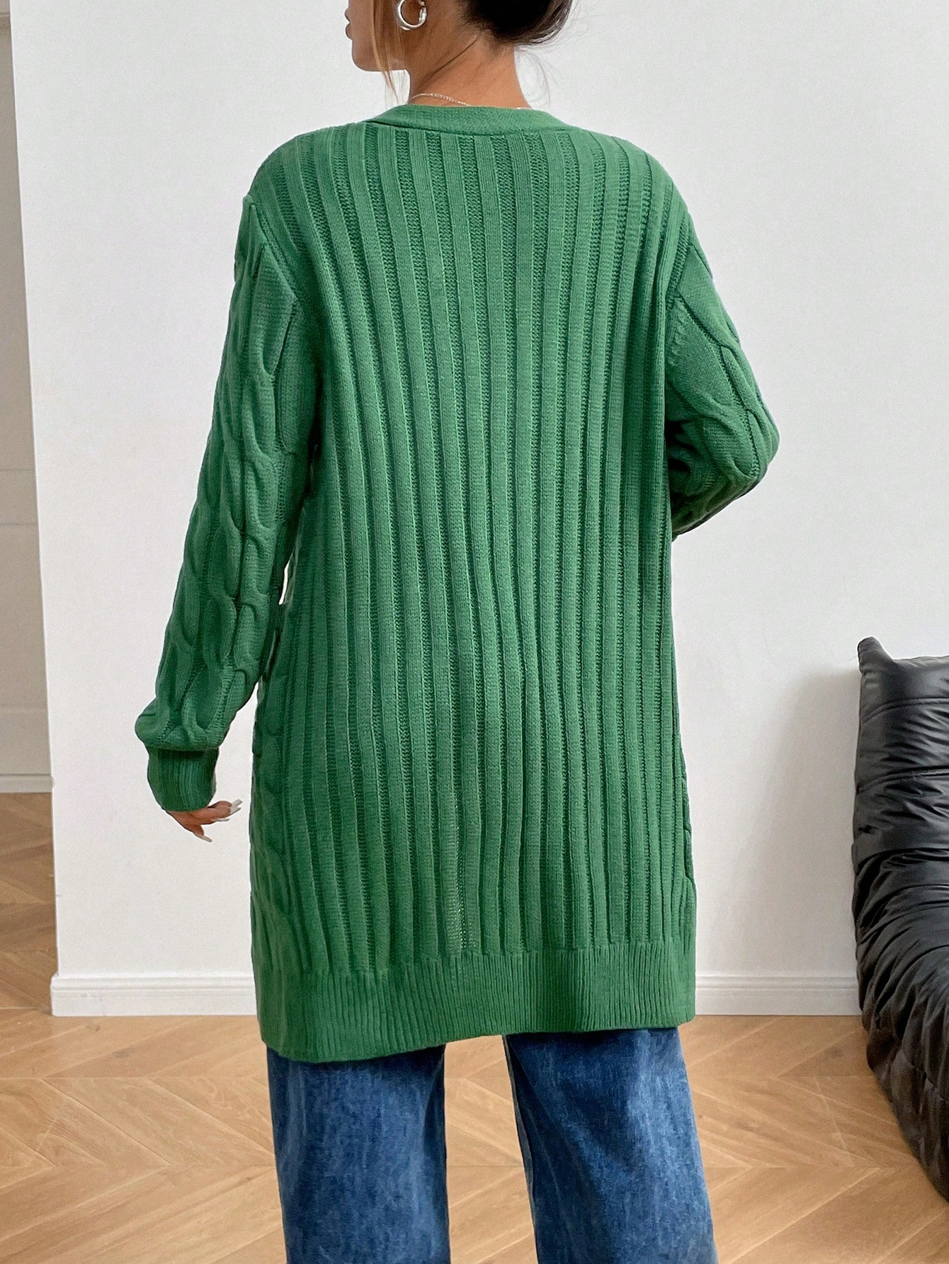 Cable Knit Longline Green Cardigan with Wooden Buttons