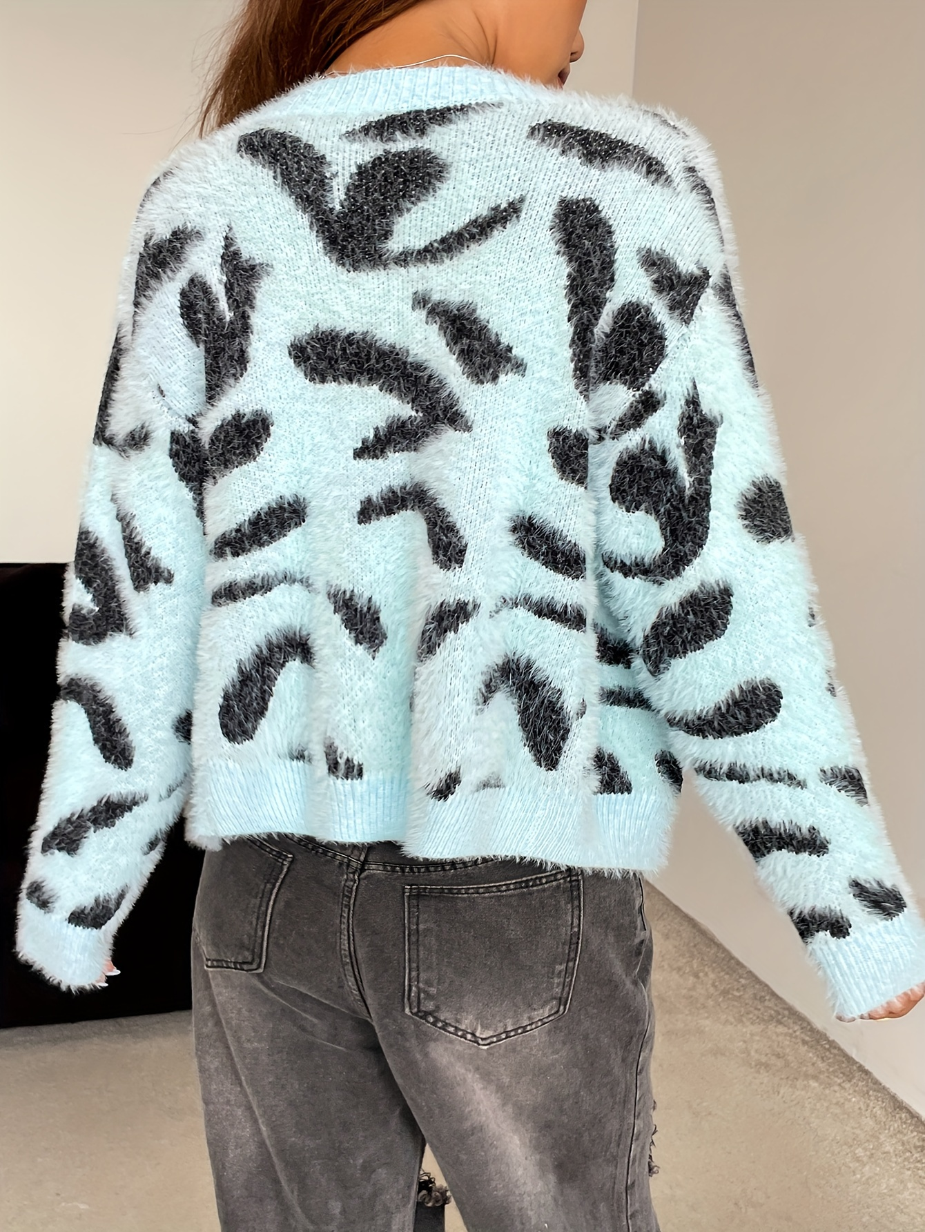 Sky Blue Fuzzy Leopard Cardigan