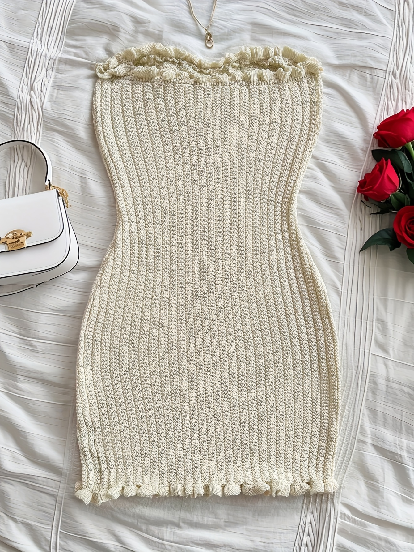 Pearl Trim Strapless Knit Bodycon Dress – Ivory Charm