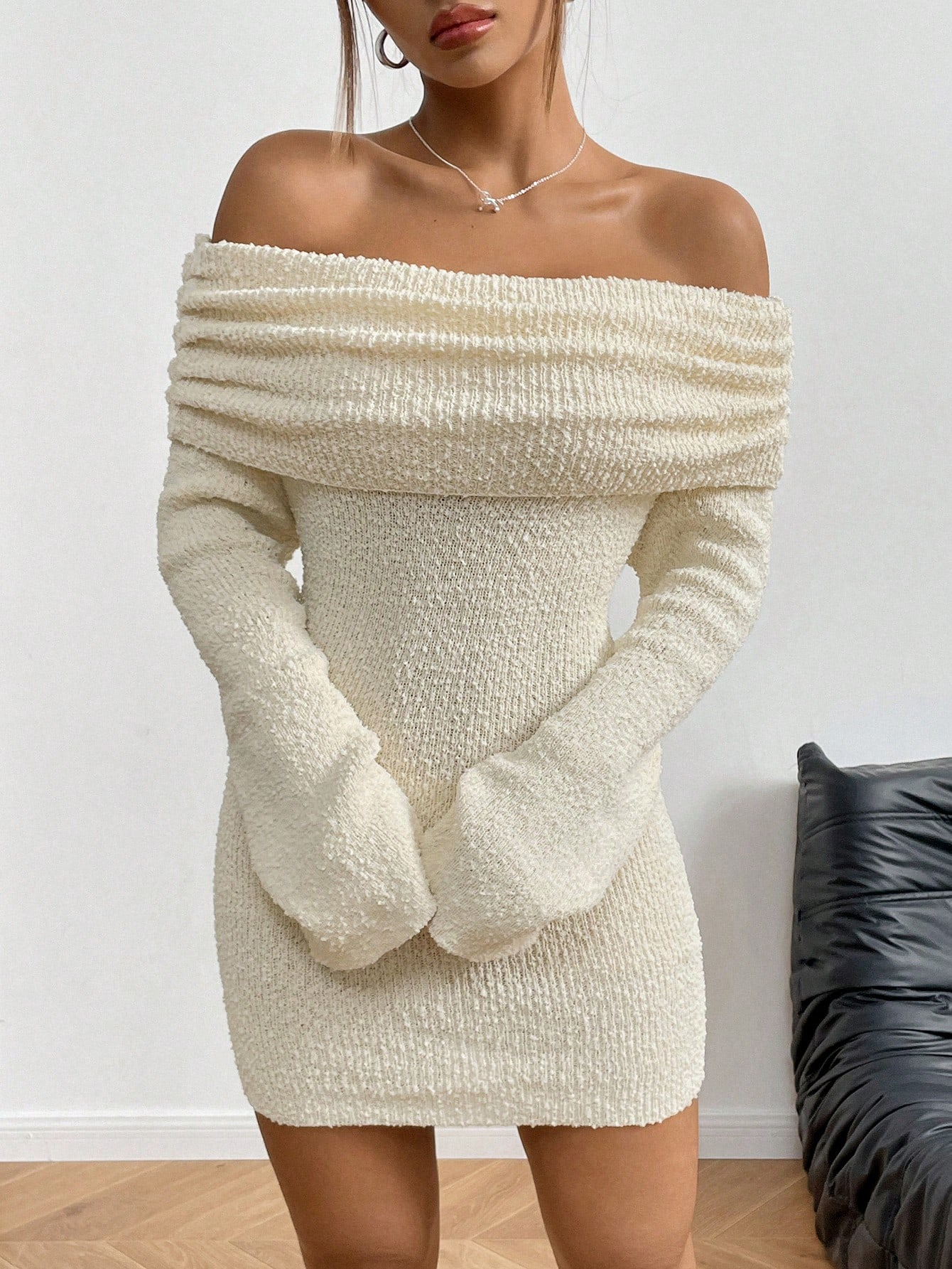 Ivory Off-Shoulder Fuzzy Knit Dress