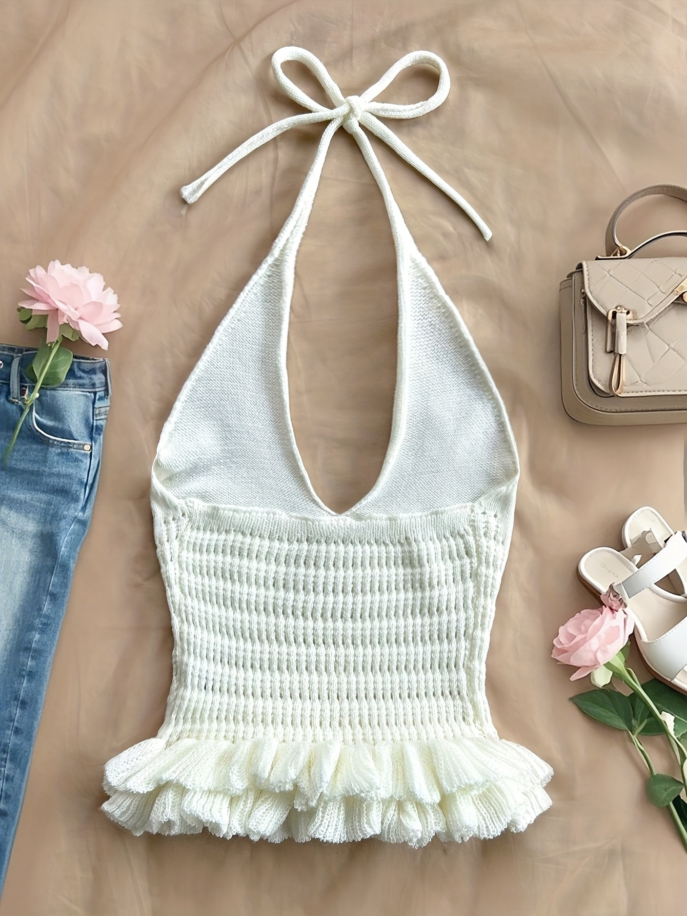 White Knit Halter Crop Top with Ruffle Hem – Romantic Summer Tie-Back Top