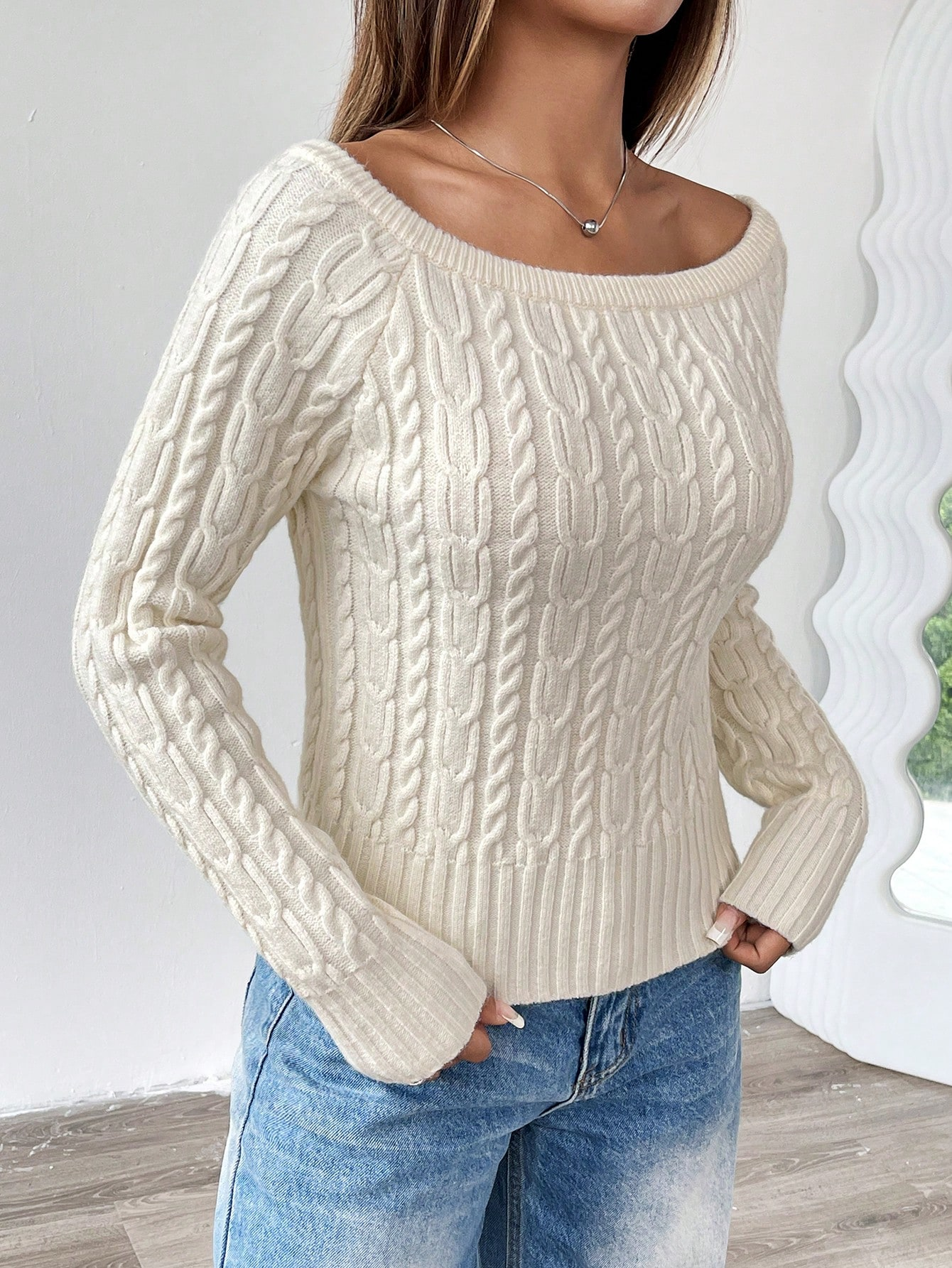 Ivory Cable-Knit Bardot Sweater