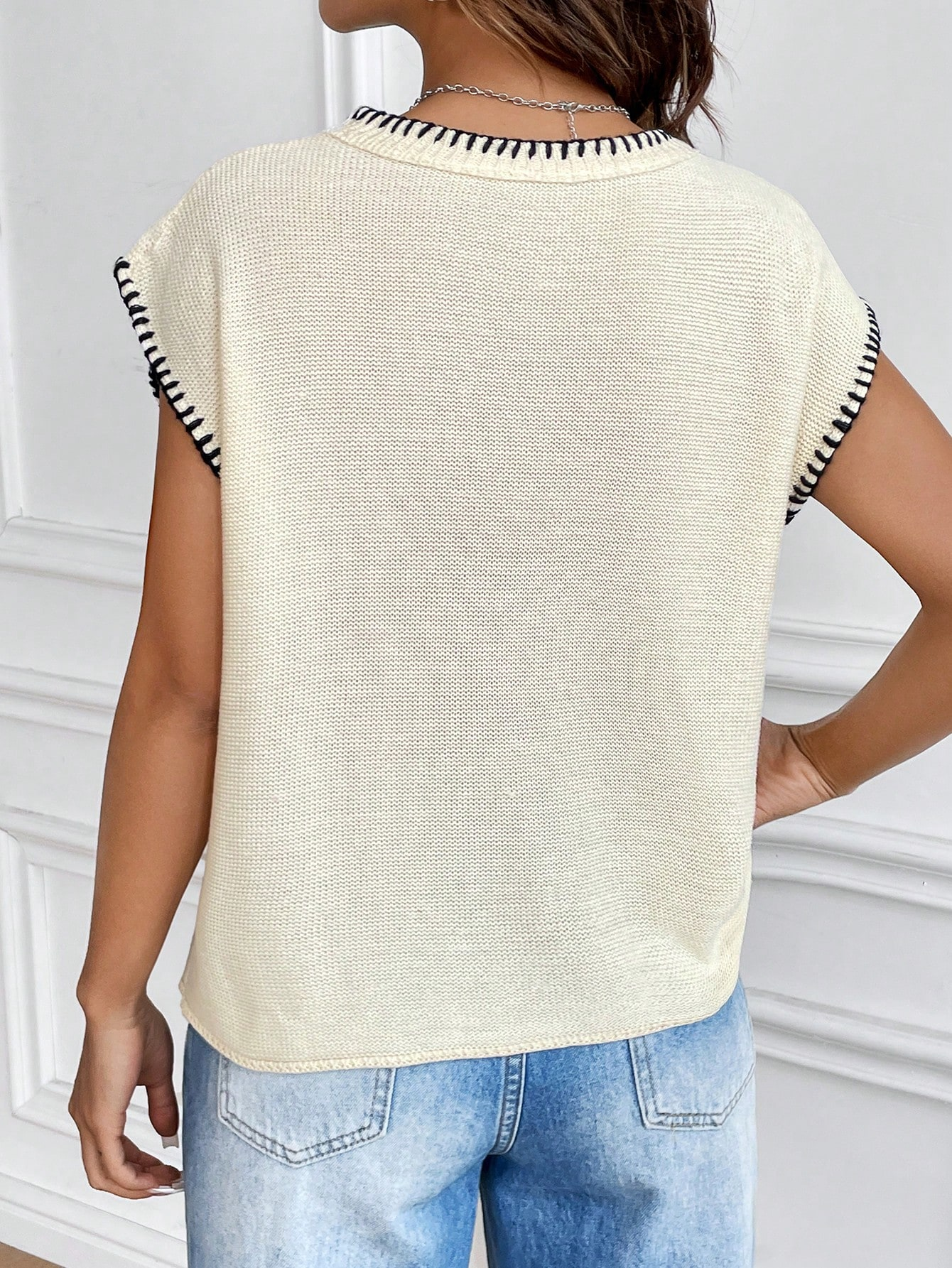 Cream Contrast Trim Knit Tank