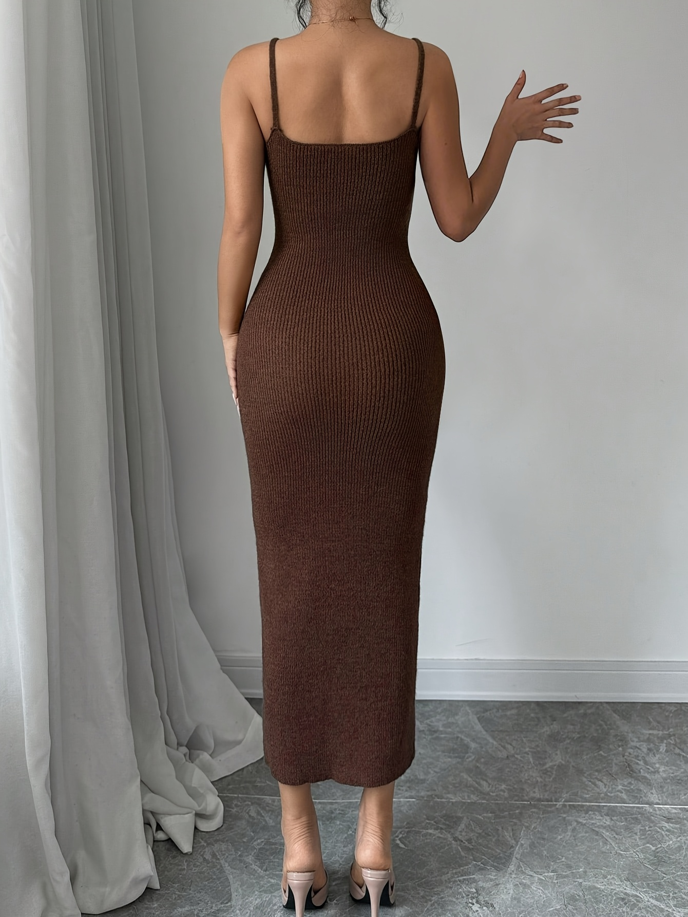 Mocha Bloom Knit Bodycon Midi Dress – Elegant & Effortless