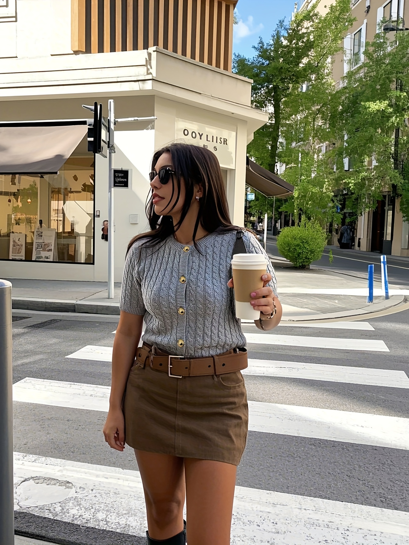 Short-Sleeve Cable Knit Grey Cardigan – Gold Button Cropped Sweater
