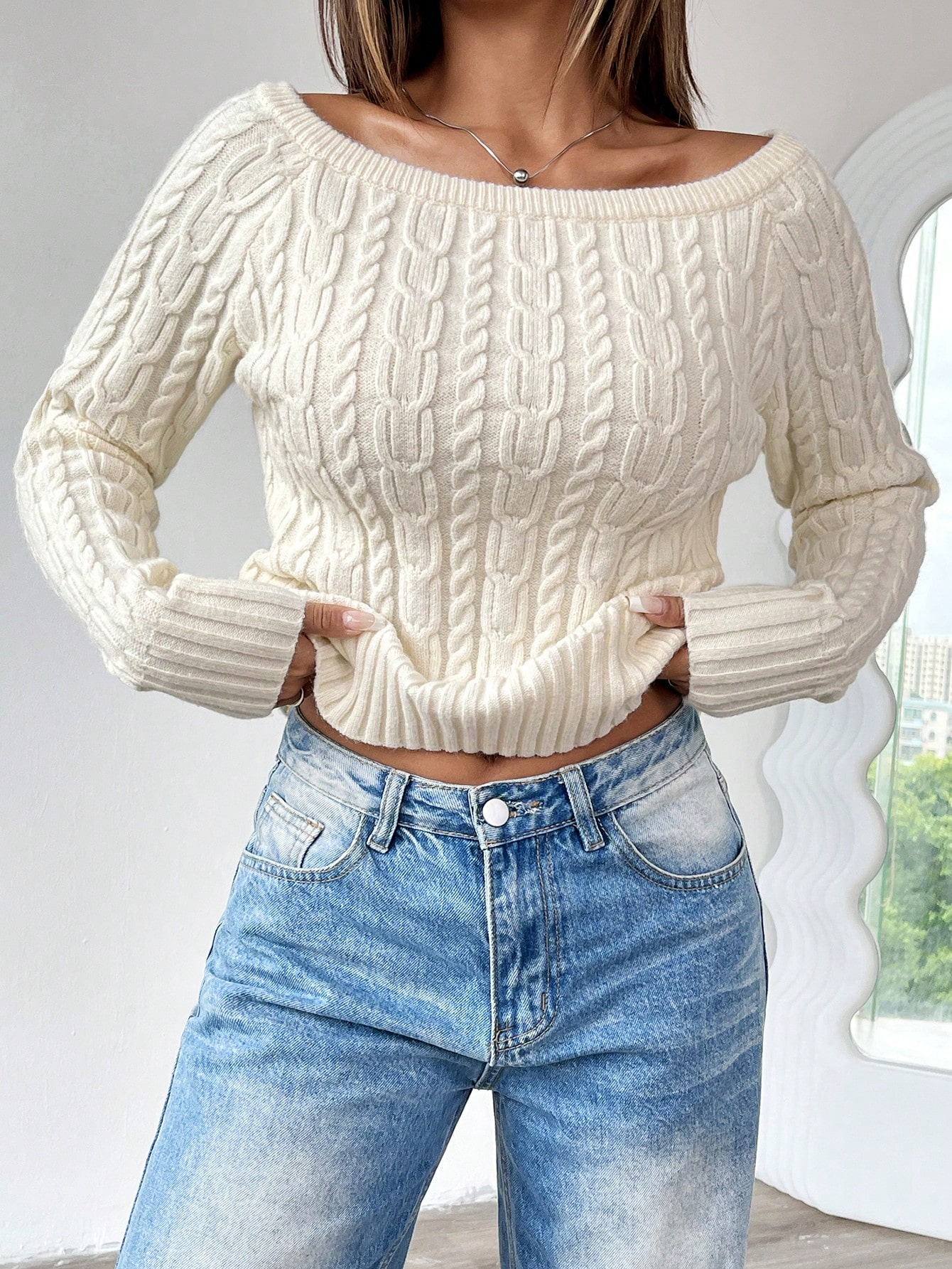 Ivory Cable-Knit Bardot Sweater