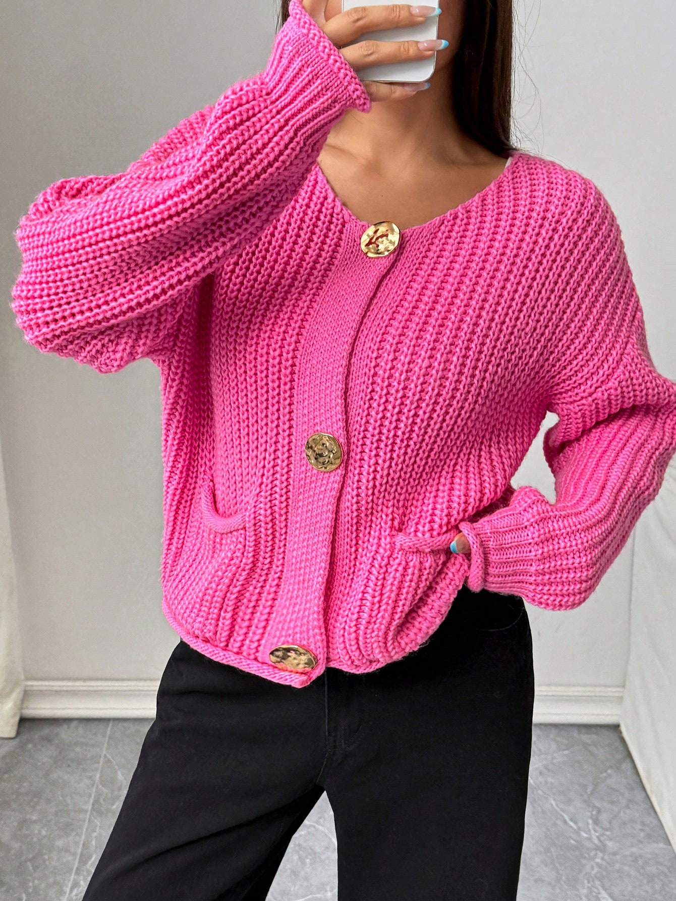 Chunky Knit Hot Pink Cardigan with Statement Gold Buttons