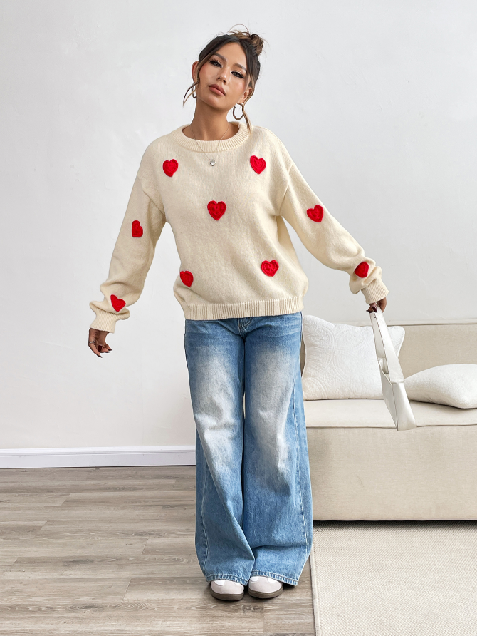 Cream Knit ‘Love Note’ Sweater with Red Hearts