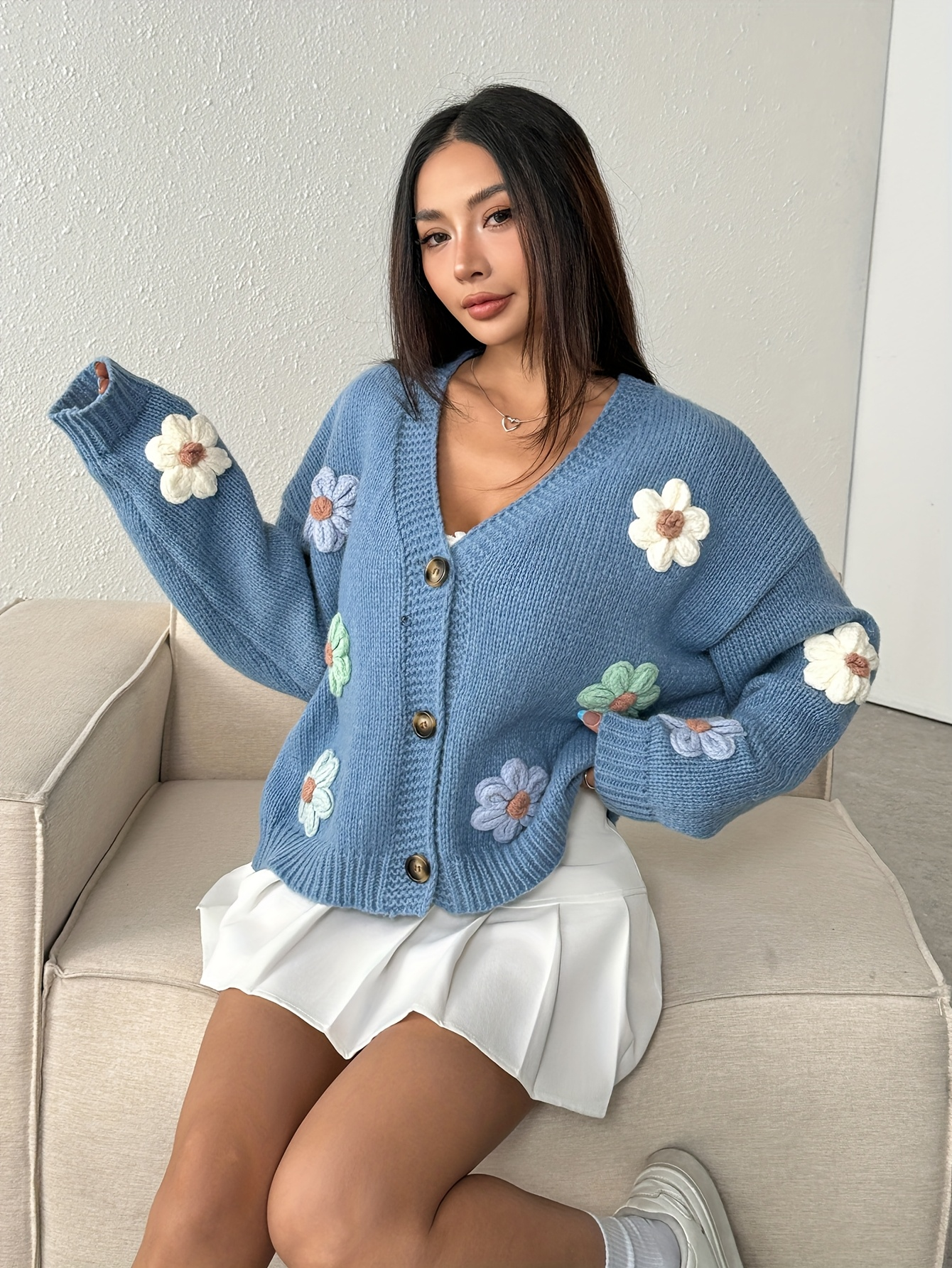 Pastel Floral Embroidered Blue Knit Cardigan – Oversized Kawaii Sweater