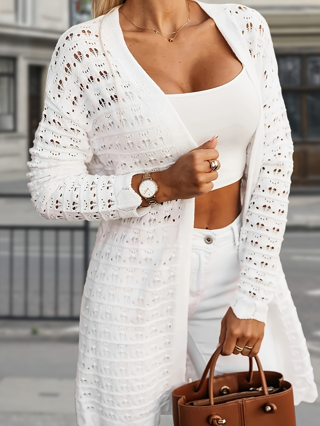 White Open-Knit Long Cardigan – Lightweight Duster for Wearing