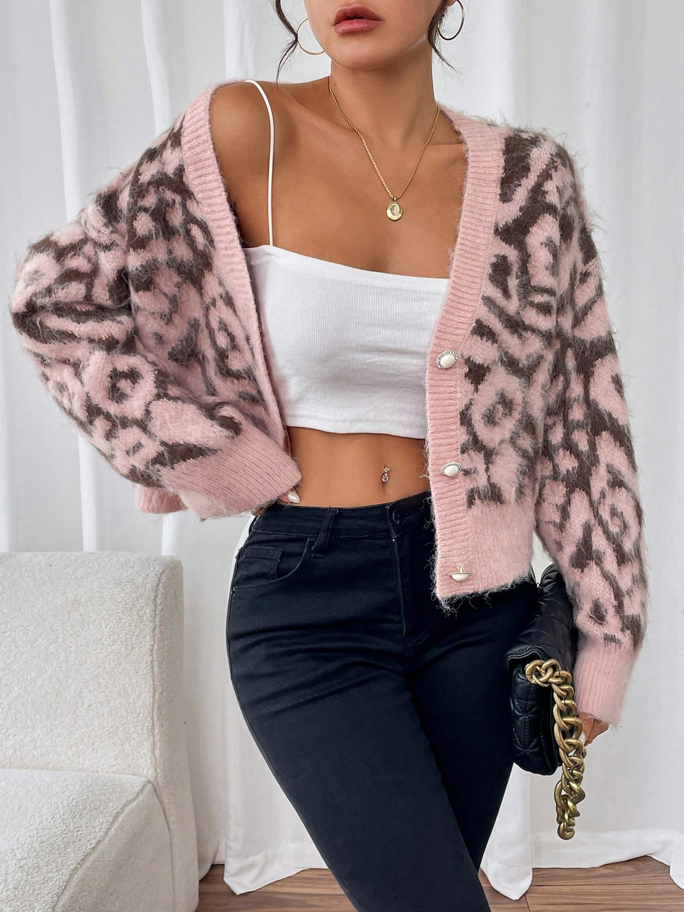 Fuzzy Pink Leopard Print Cardigan with Pearl Buttons