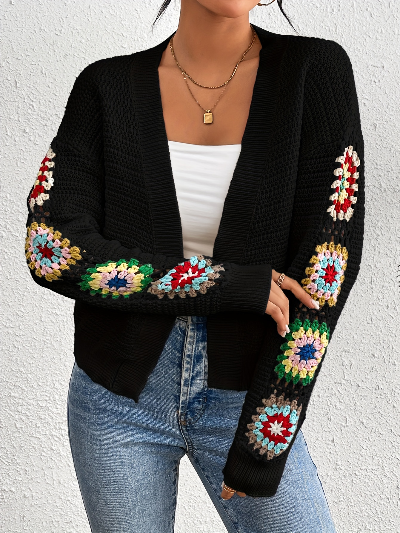 Black Crochet Patchwork Sleeve Cardigan – Retro Boho Knitwear