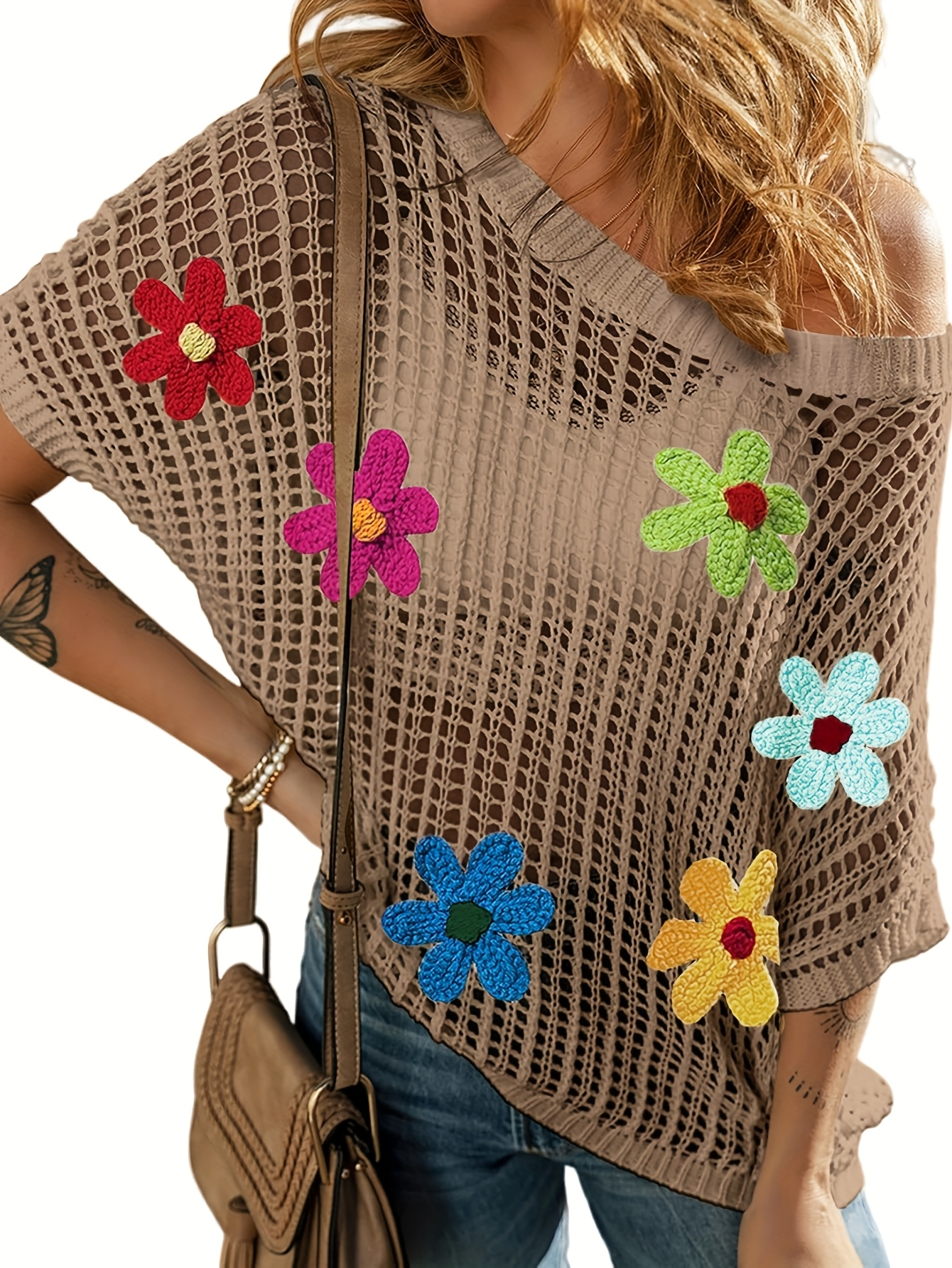 Colorful Flower Crochet Mesh Top – Boho Knit Tee