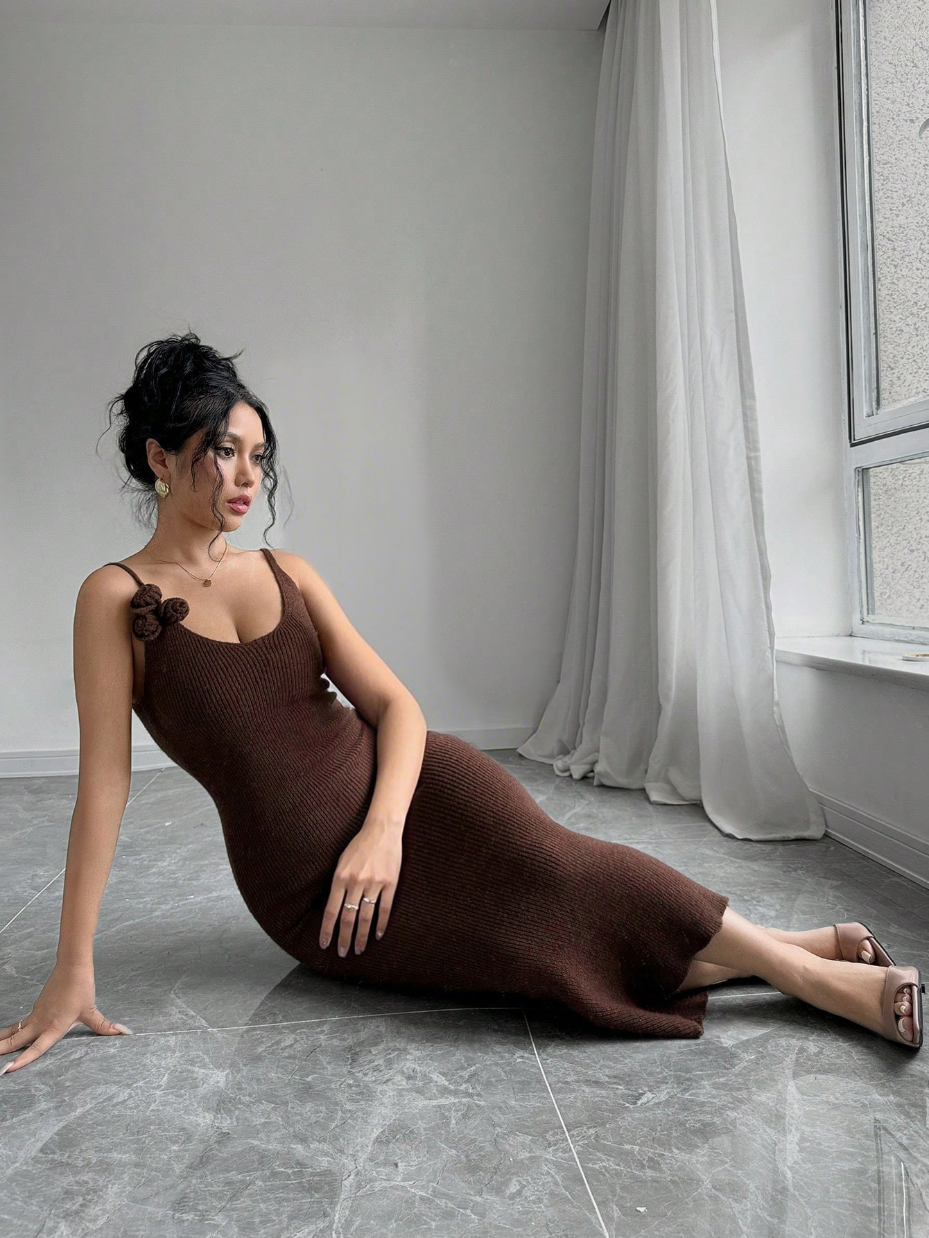 Mocha Bloom Knit Bodycon Midi Dress – Elegant & Effortless