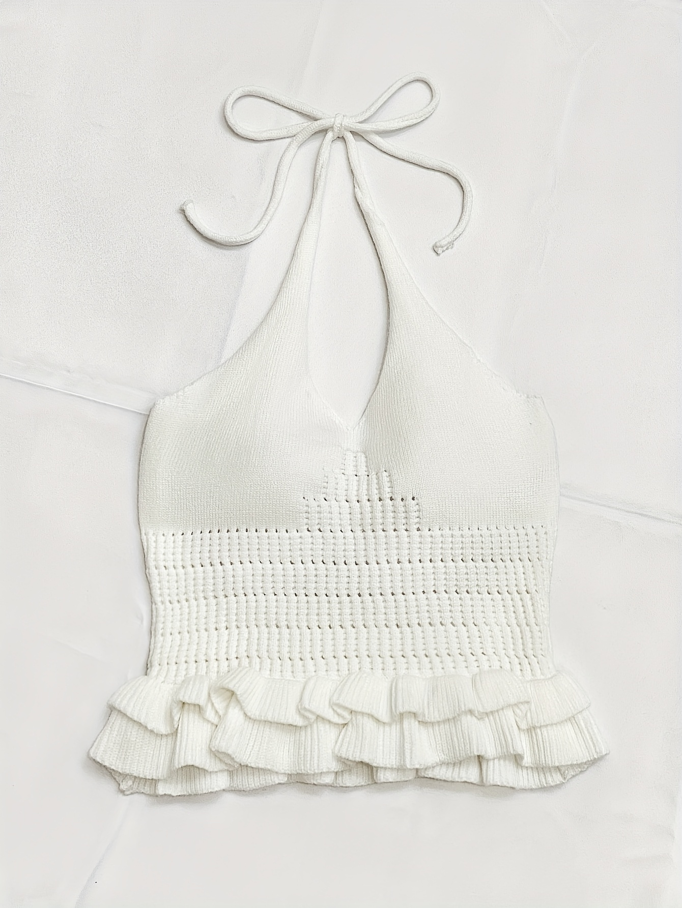 White Knit Halter Crop Top with Ruffle Hem – Romantic Summer Tie-Back Top