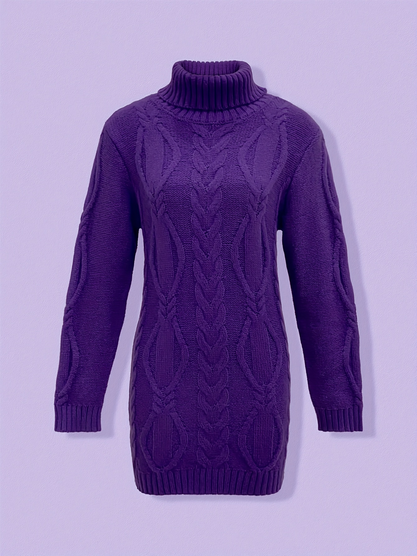 Plum Cozy Cable-Knit Turtleneck Sweater Dress