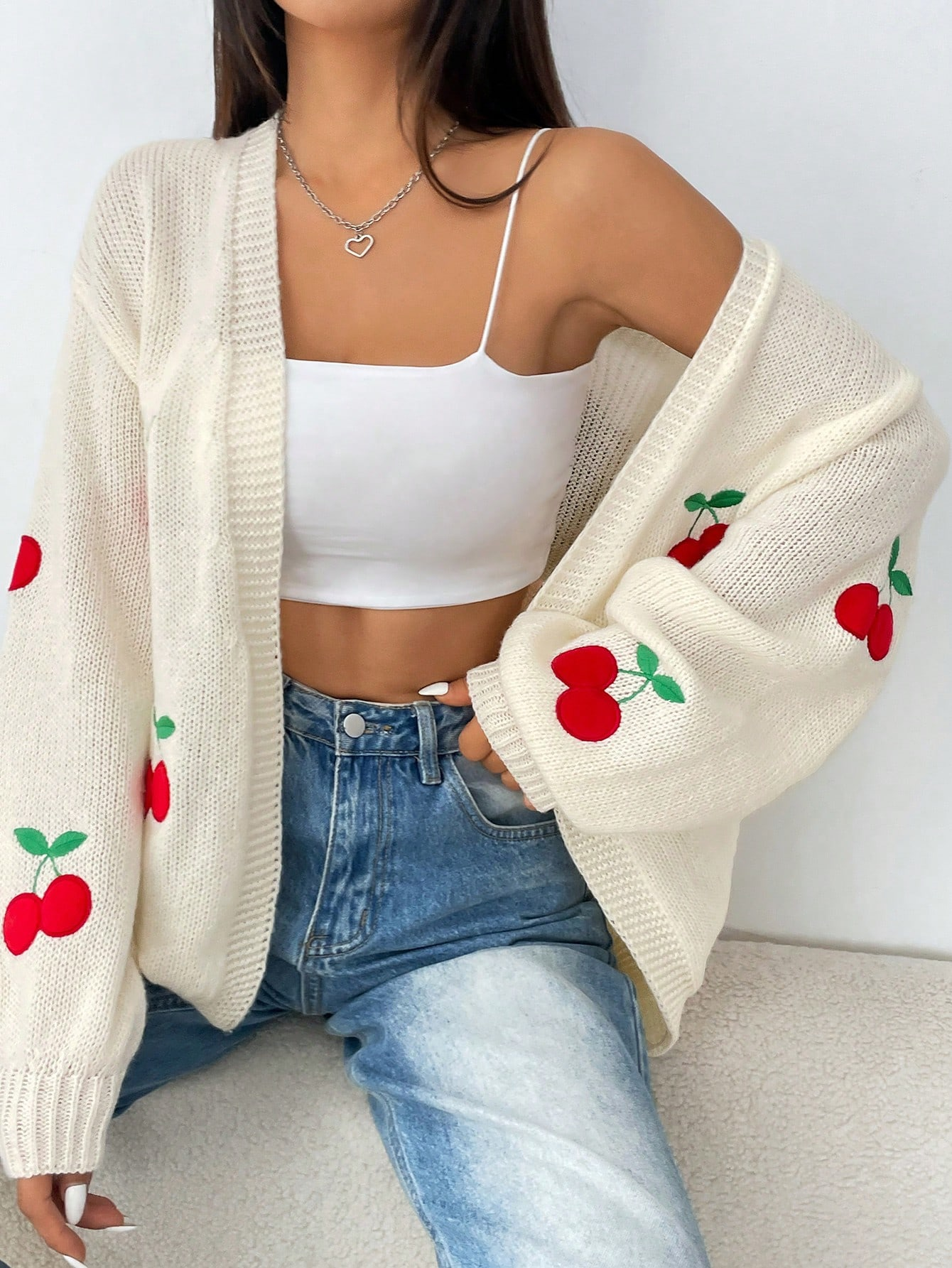 Cream Knit Cherry Embroidered Cardigan – Oversized Fruit Print Sweater