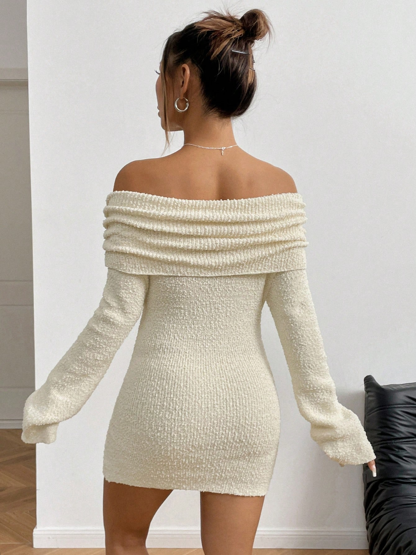 Ivory Off-Shoulder Fuzzy Knit Dress