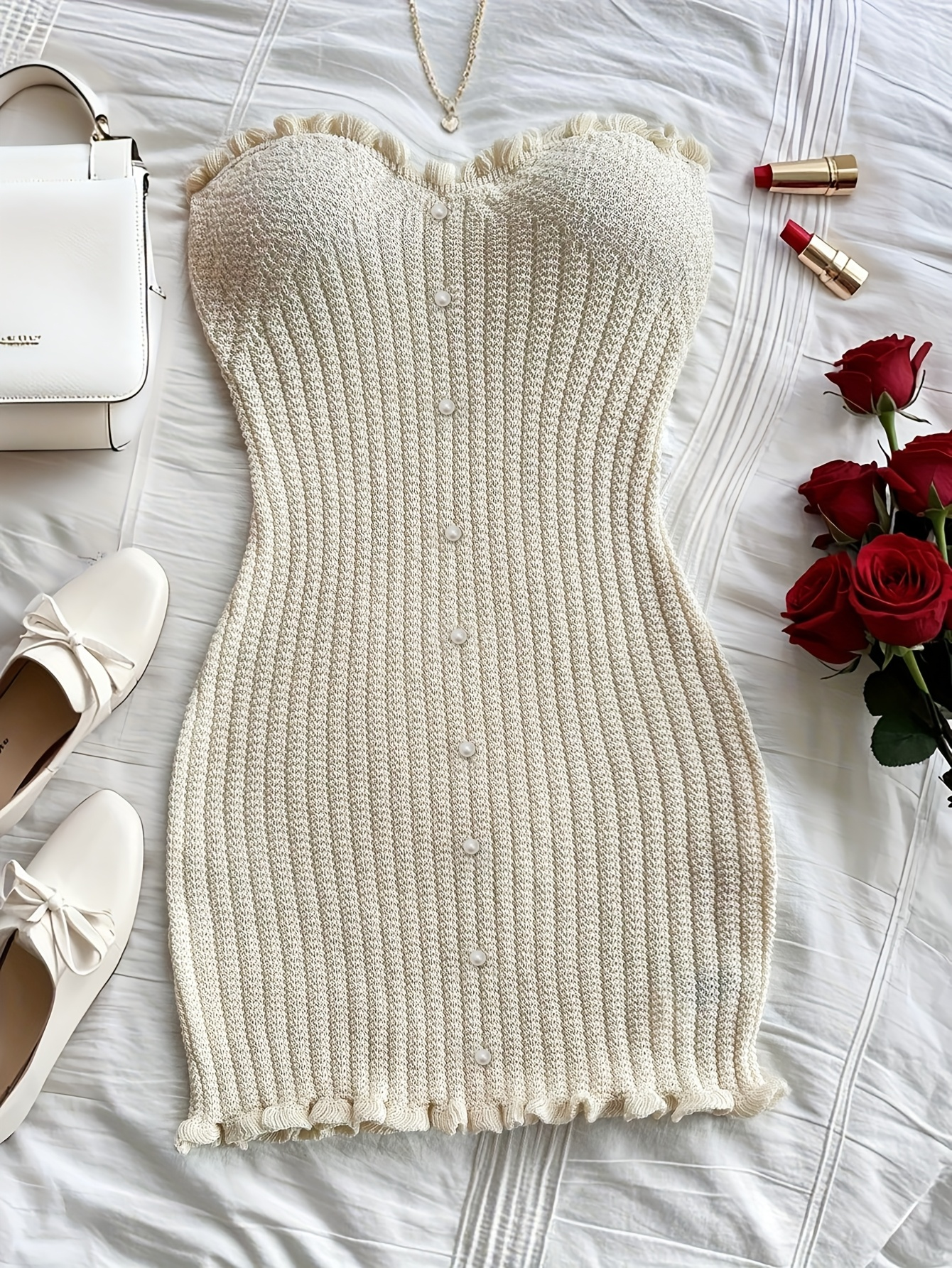 Pearl Trim Strapless Knit Bodycon Dress – Ivory Charm