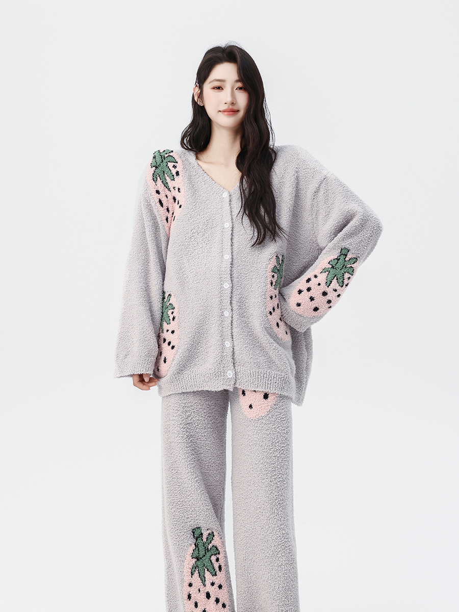 Cute Strawberry Fuzzy Knit Pajama Set – Cozy Cardigan & Pants Loungewear