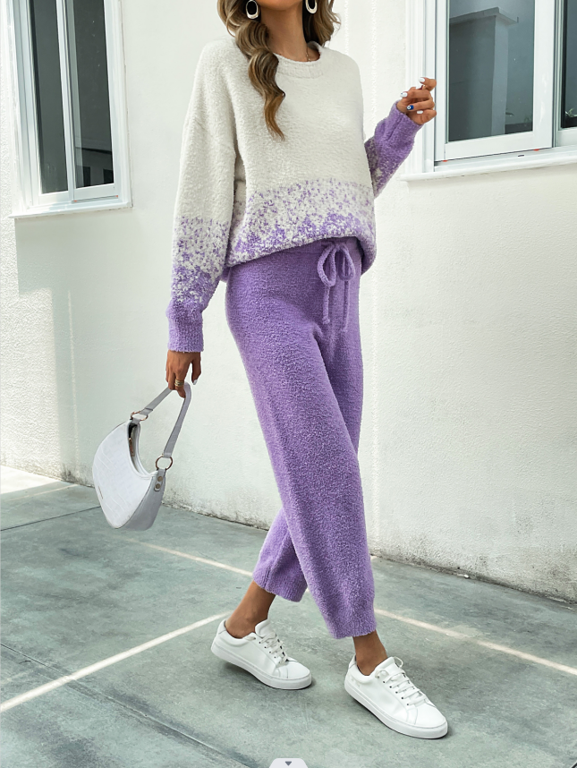 Lavender Fuzzy Knit Loungewear Set – Cozy Gradient Pullover