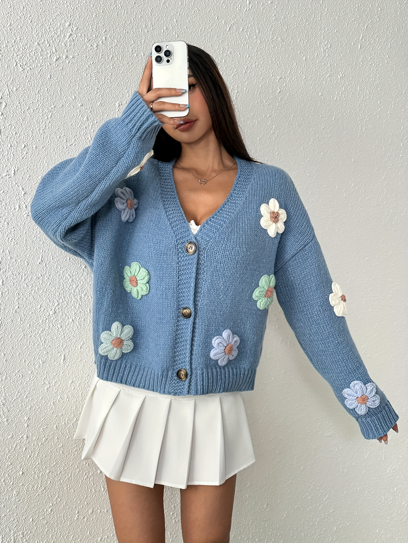 Pastel Floral Embroidered Blue Knit Cardigan – Oversized Kawaii Sweater