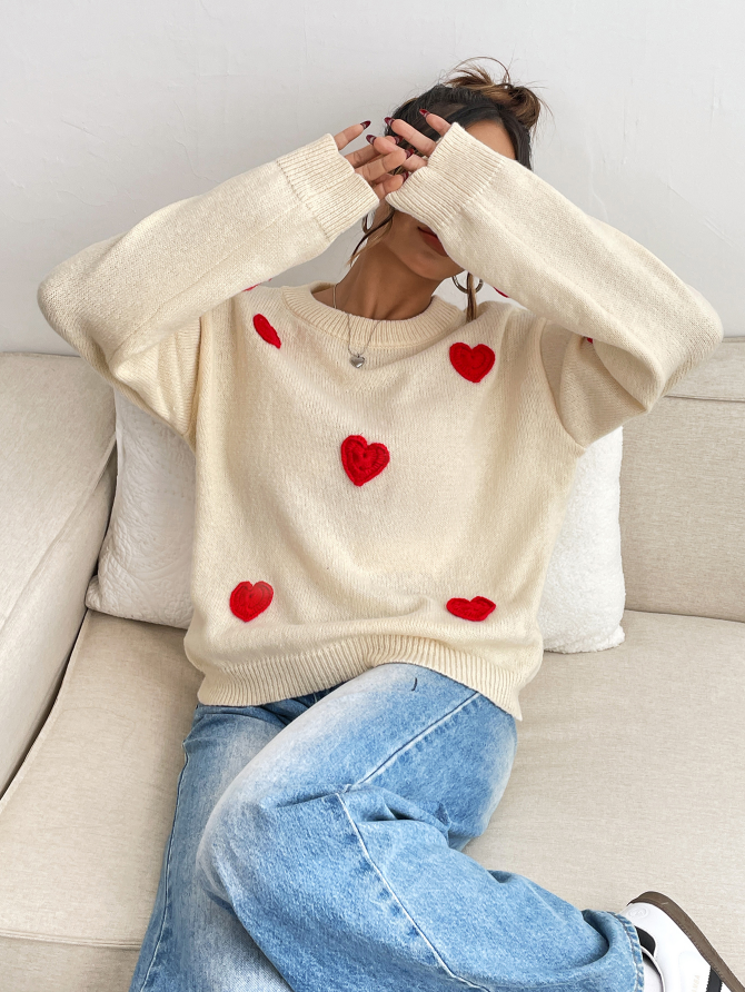 Cream Knit ‘Love Note’ Sweater with Red Hearts