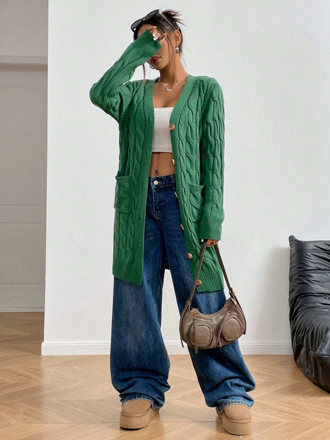 Cable Knit Longline Green Cardigan with Wooden Buttons