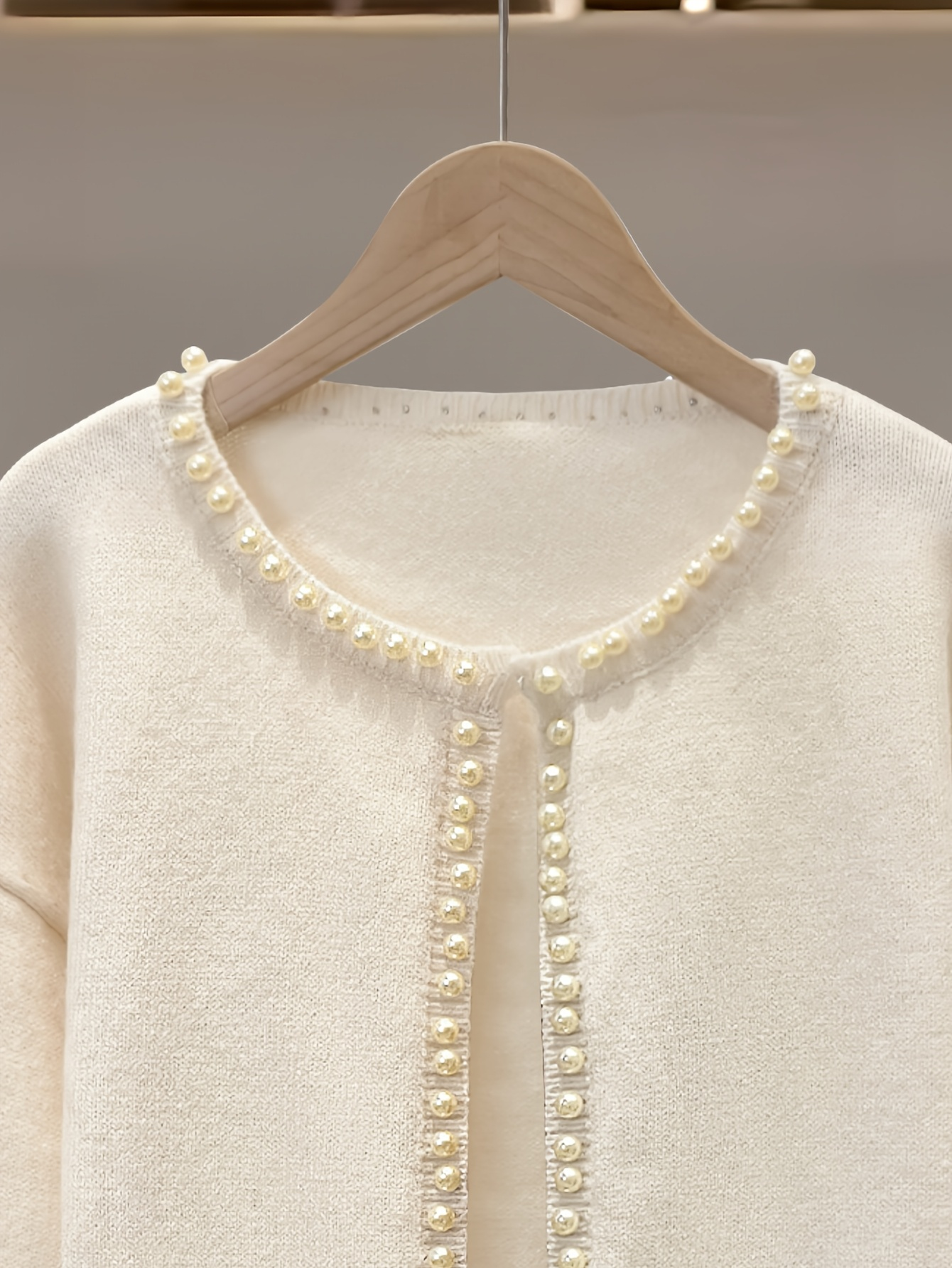 Ivory Pearl Trim Cardigan – Elegant Knit Sweater Jacket