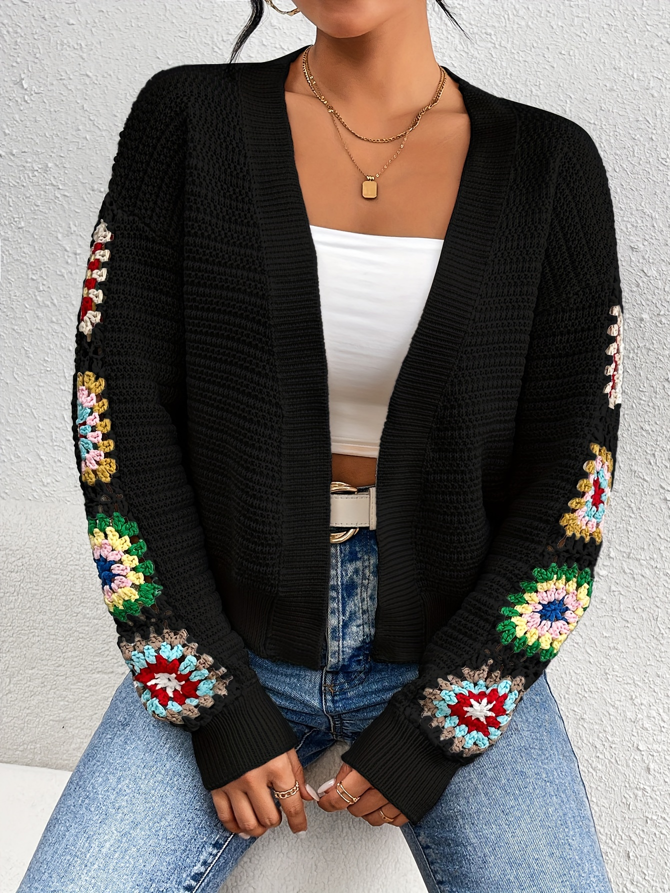Black Crochet Patchwork Sleeve Cardigan – Retro Boho Knitwear