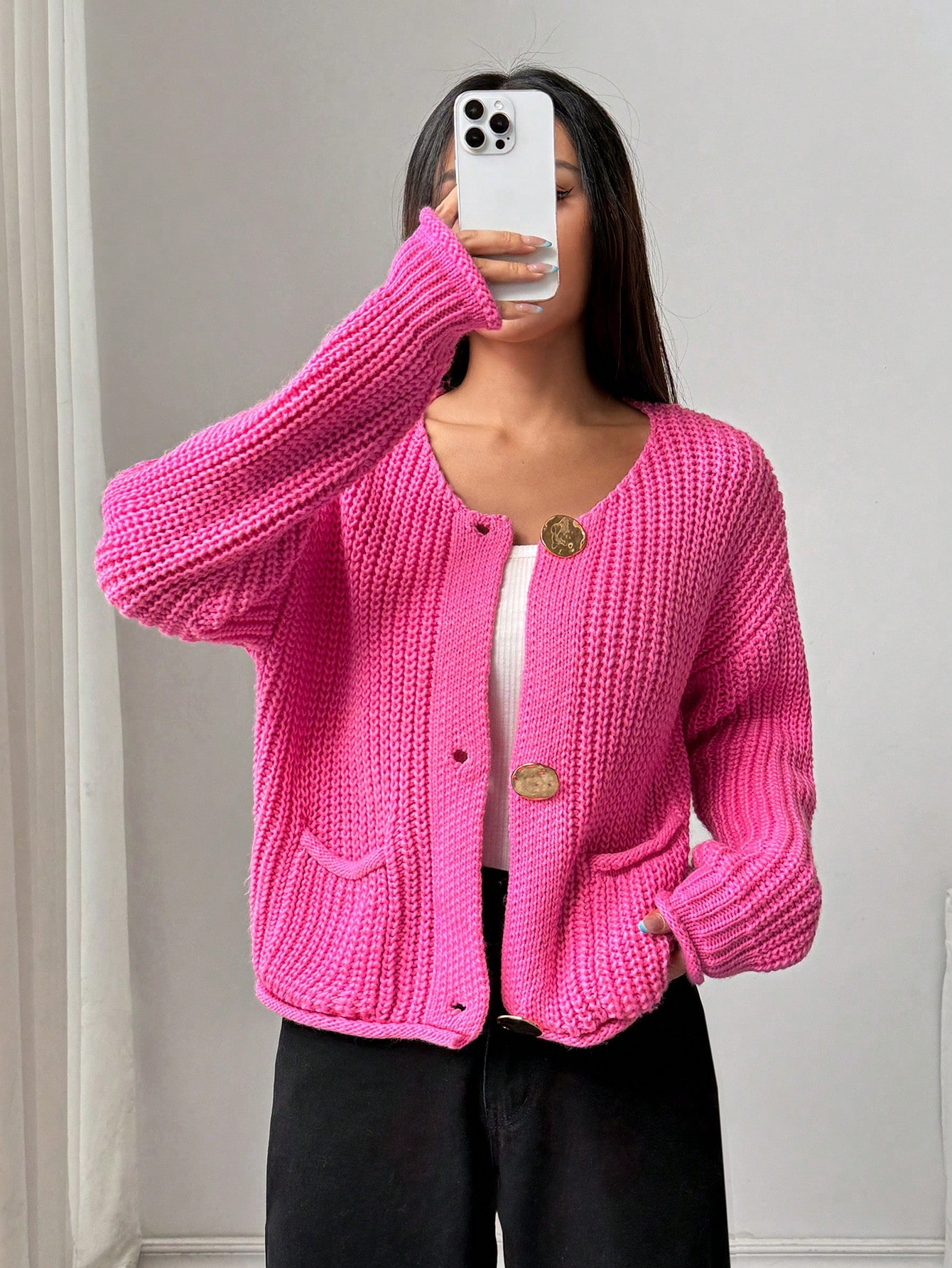 Chunky Knit Hot Pink Cardigan with Statement Gold Buttons