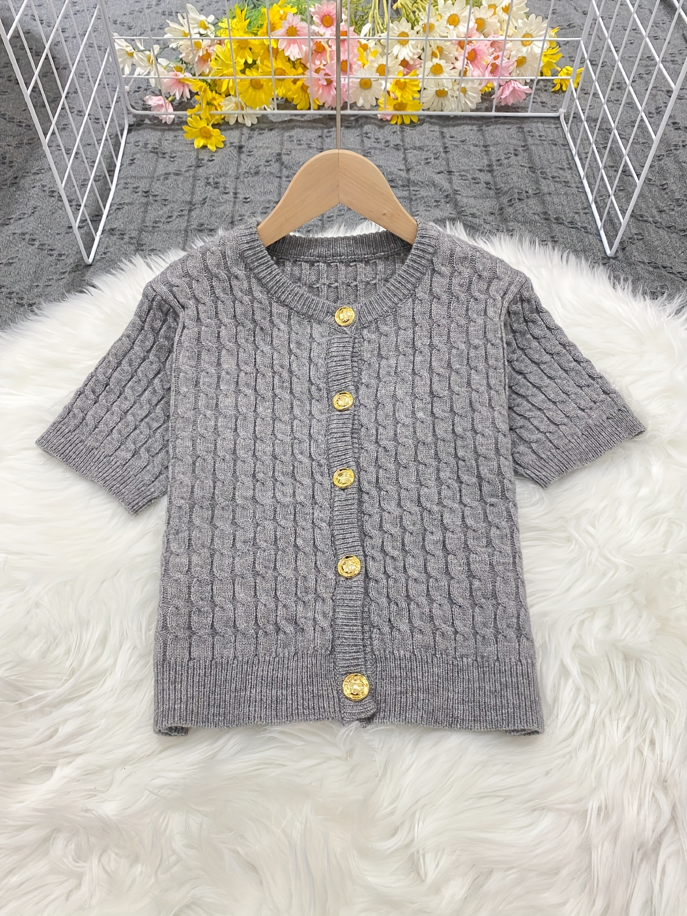Short-Sleeve Cable Knit Grey Cardigan – Gold Button Cropped Sweater
