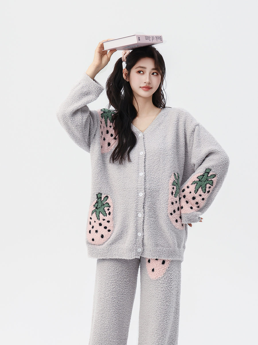 Cute Strawberry Fuzzy Knit Pajama Set – Cozy Cardigan & Pants Loungewear