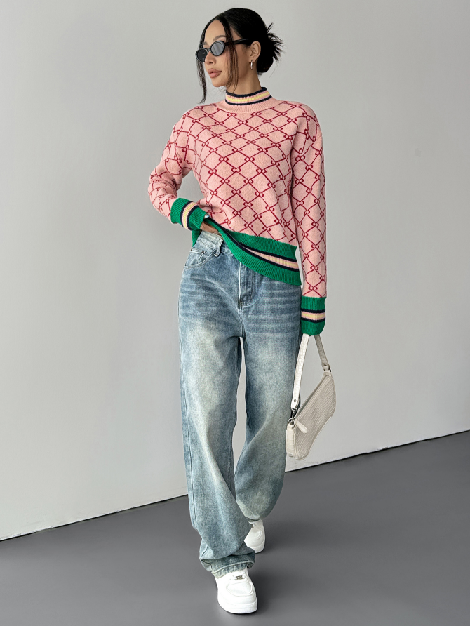 Retro Chain Pop Sweater – Pink & Green Vibes